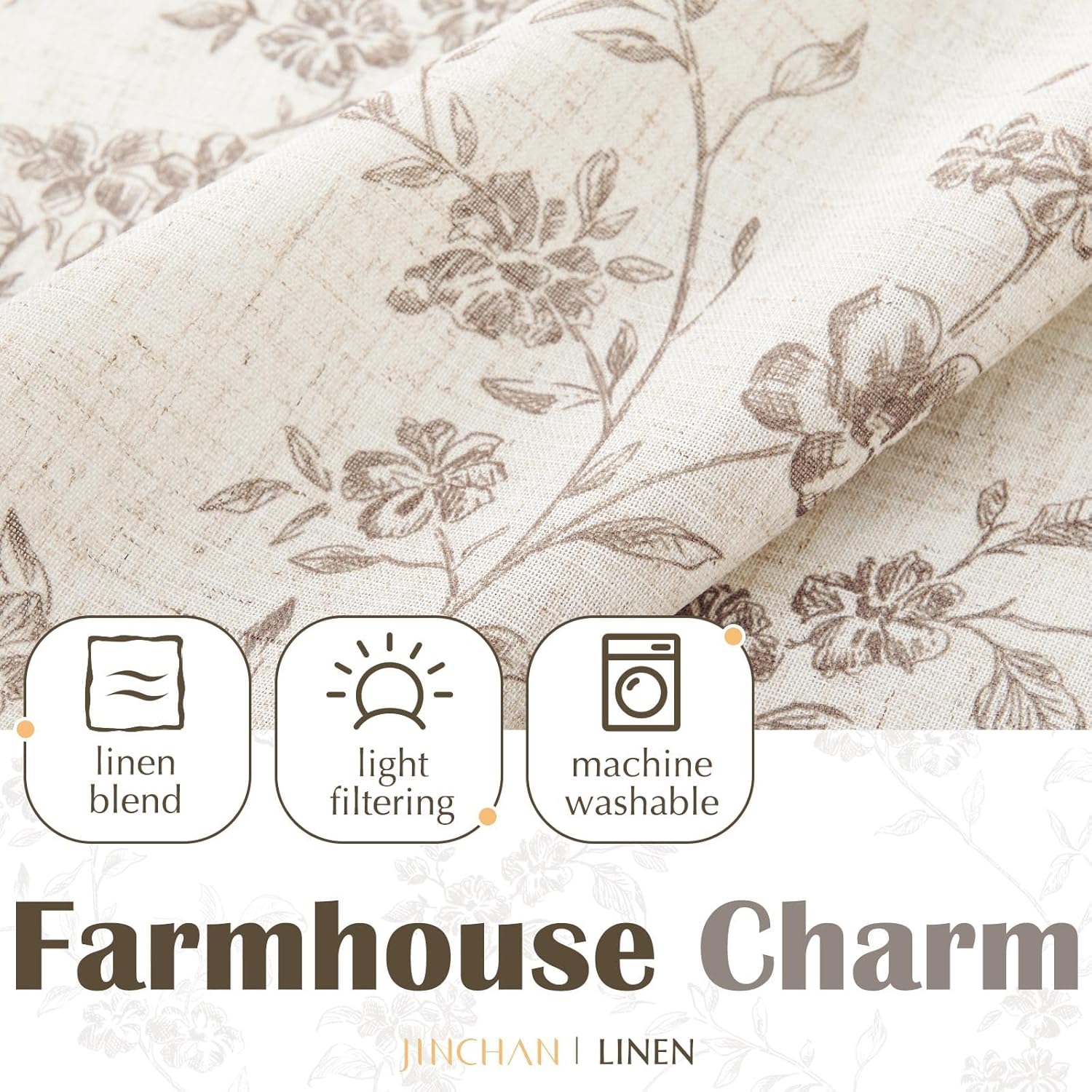 jinchan Floral Kitchen Curtains 30 Inch Linen Tier Curtains Farmhouse Cafe Half Window Drapes Over Sink Light Filtering Taupe on Beige for Living Room Laundry RV Rod Pocket 2 Panels