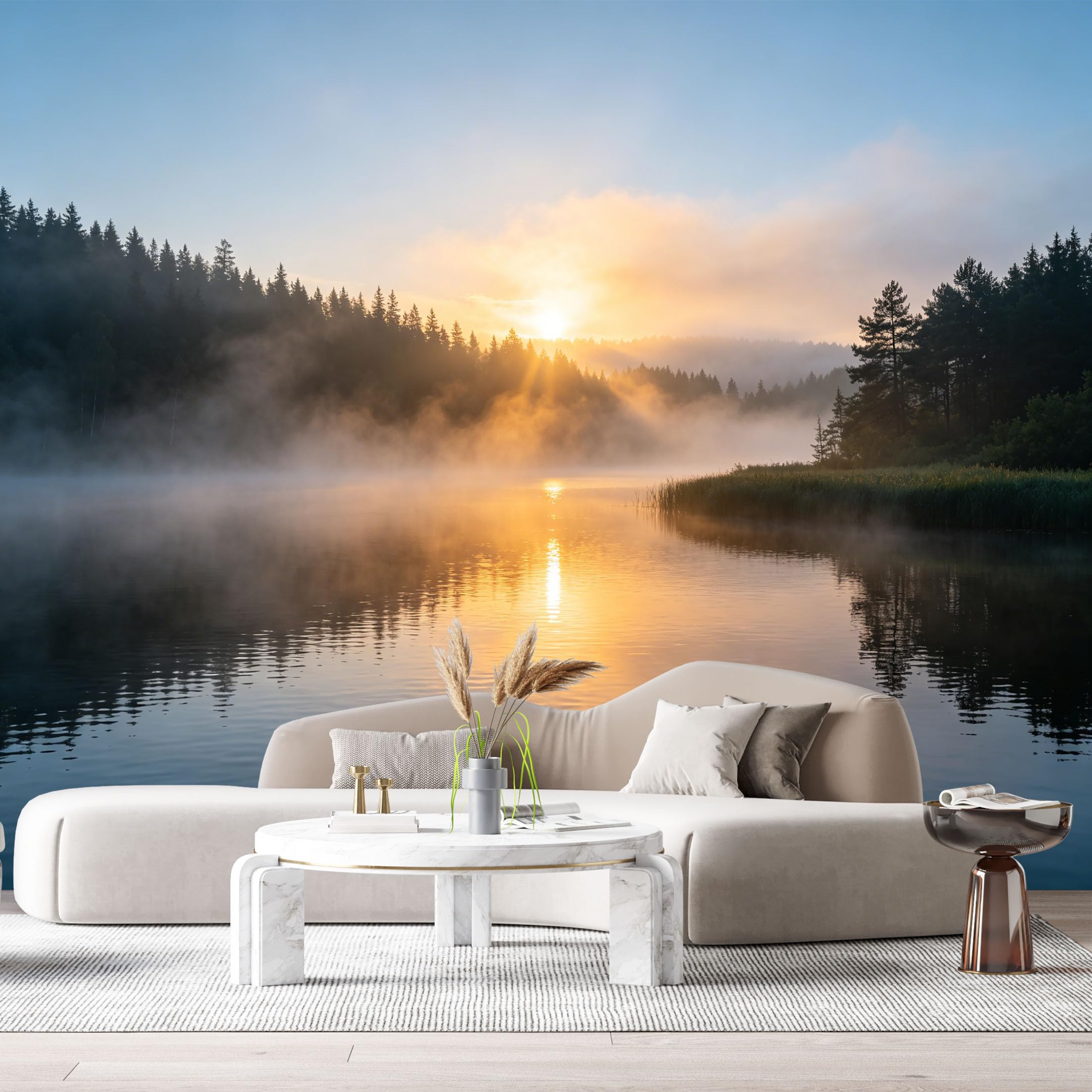 Custom Size Wall Murals Sunrise Lake Landscape Misty Forest Reflection Watercolor SelfAdhesive Wall Fabric Removable Large Wallpaper for Photo Living Room
