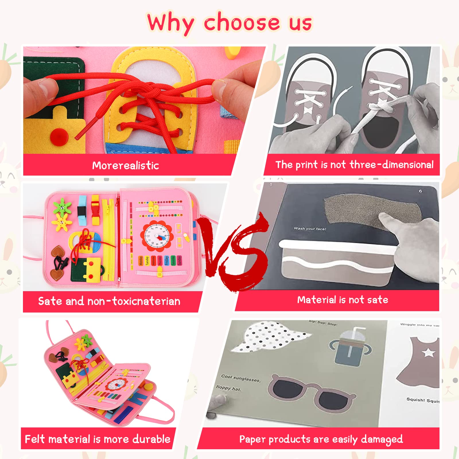 DHINCHANSAIB Montessori Busy Board - Sensorisches Lernbuch Aus Filz Für Kinder 1-3 Jahre | Quiet Book Mit 20 Aktivitäten