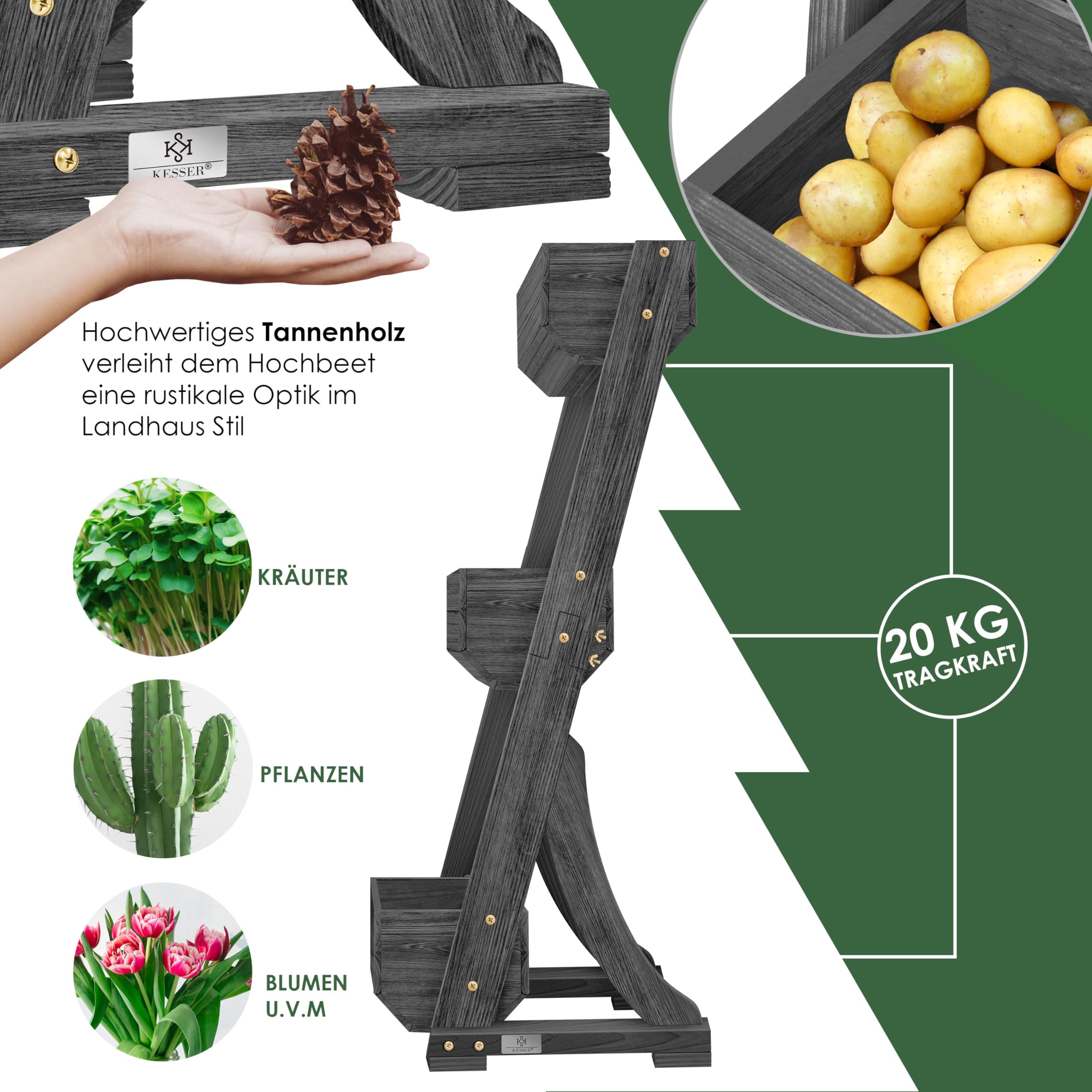 KESSER® Hochbeet mit 3 Etagen Premium Blumenkasten Blumentreppe Pflanztreppe Gemüsebeet Kräuterbeet Pflanzkübel Frühbeet Blumenbeet Pflanzkasten mit Gartenvlies - Beet inkl. Schaufelset, Anthrazit