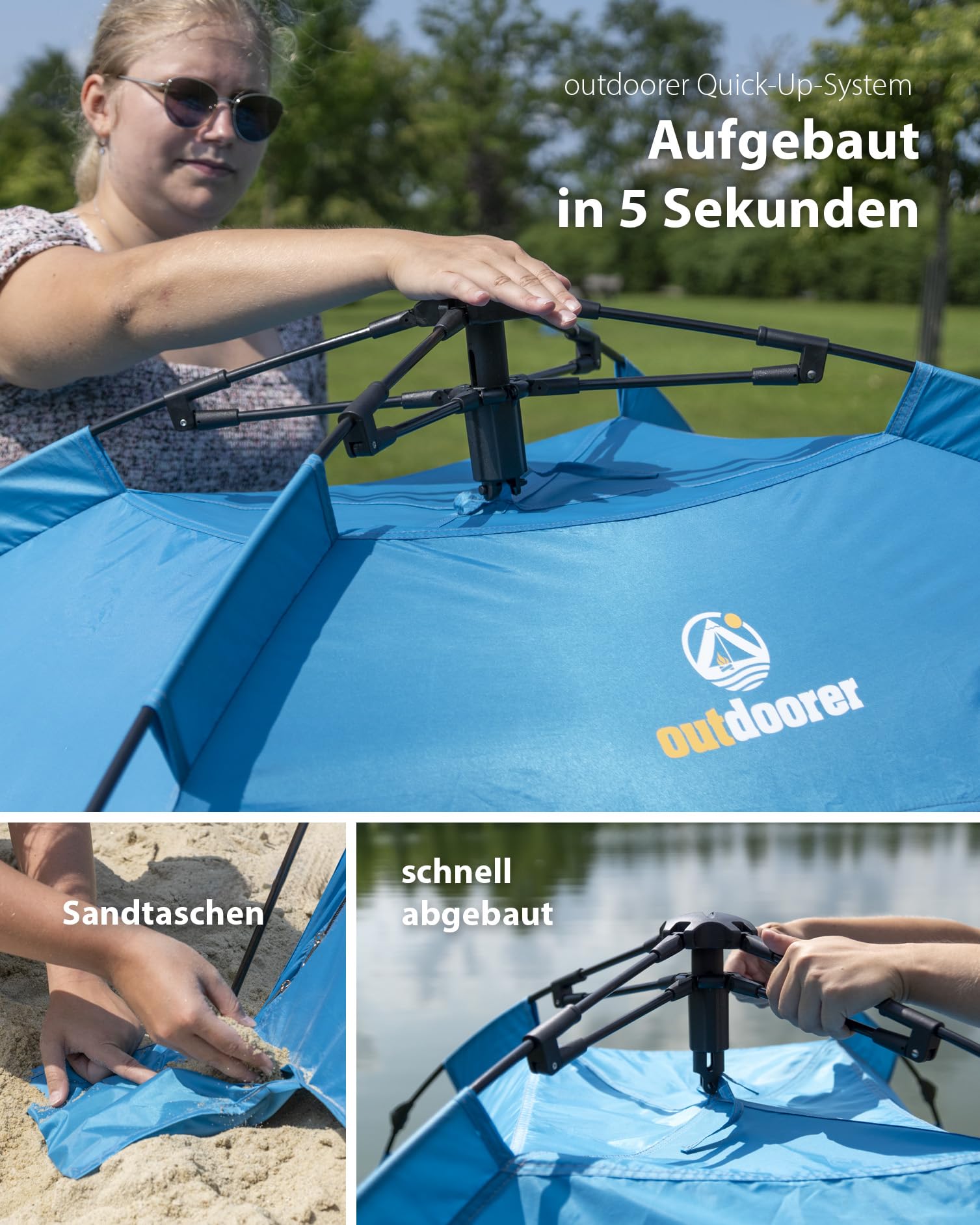 Outdoorer Sun Snapper Air UV 80 Quick-up-Strandmuschel mit 4 Türen und 3 Fenstern, Automatik-Strandzelt mit UV-Schutz 80