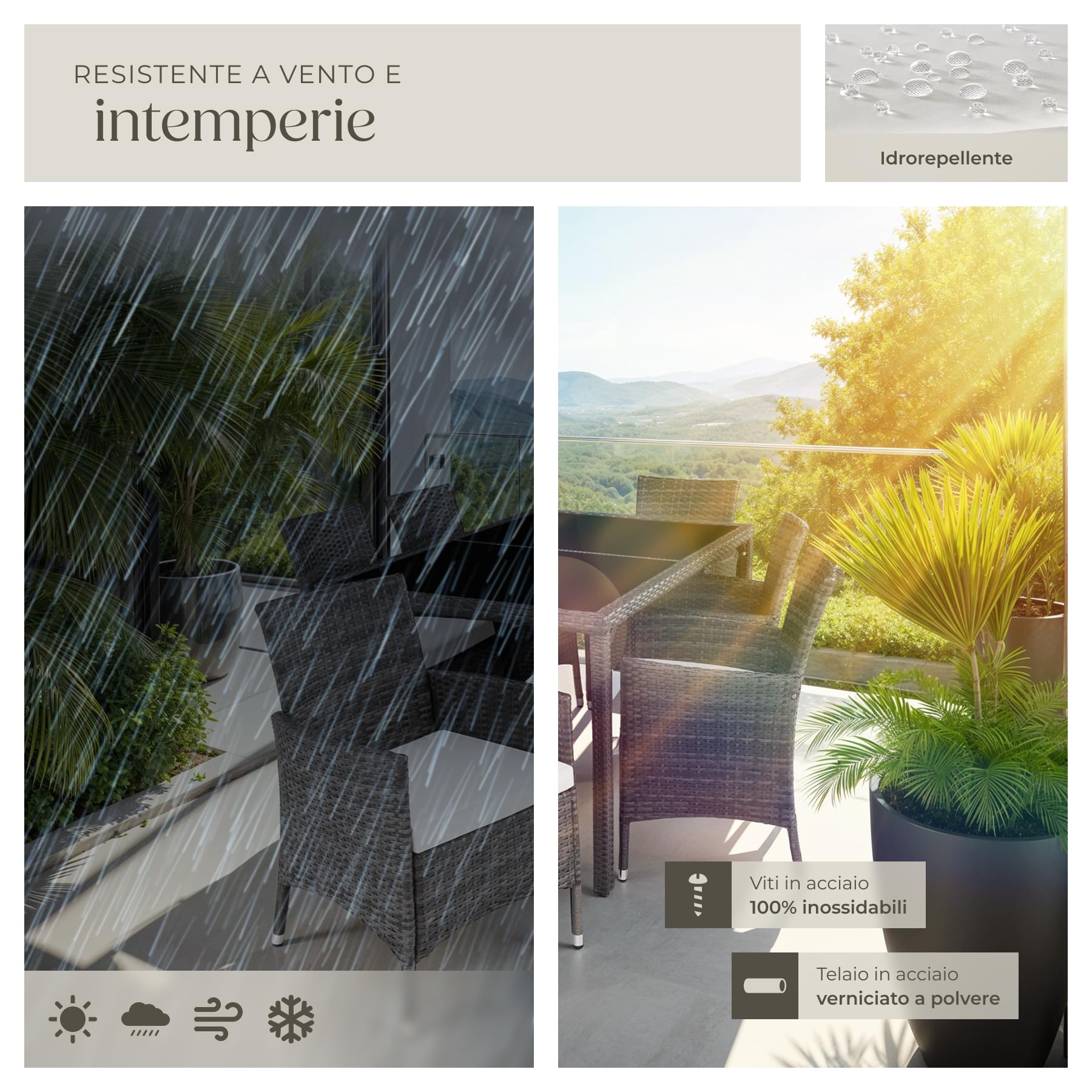 Tectake Set da Giardino Polyrattan 6 Sedie 1 Tavolo Grigio Bianco