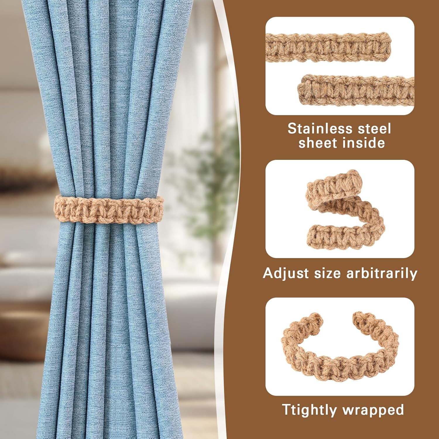 4 Pcs Braided Curtain Tiebacks, Boho Elegant Rustic Ties, Handmade | Lightweight Simple, Drapes Decorative Accessories, For Window Bedroom Home Office