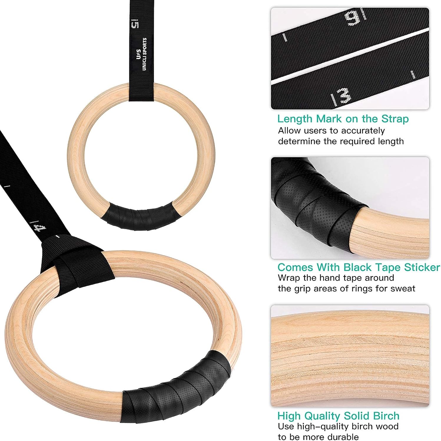 UNICLI Sports Gymnastic Rings with Adjustable Straps, Industrial-Grade Buckle, 1.2 Inch Wooden Rings, 16.5ft Long Numbered Straps, Perfect for Strength and Cross-Training, Home Gym Full Body Workout : Sports & Outdoors