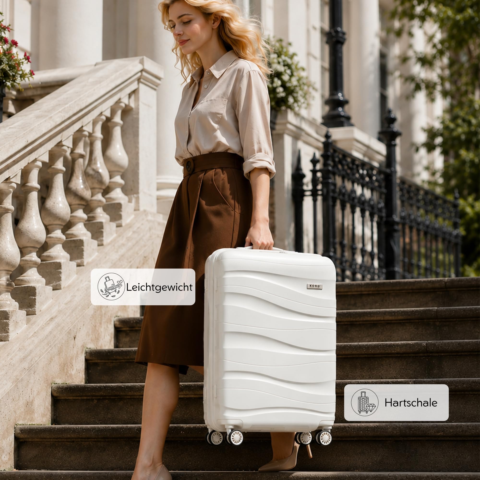 KONO Reisekoffer 75cm Polypropylen Hartschale 4 Rollen TSA Schloss 75x52x30cm Creme Weiß