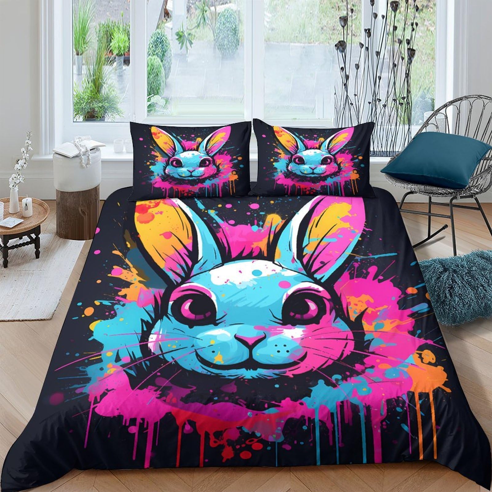 Ctjqhvkz Style-1 3D Printed Graffiti Bunny Fitted Sheet Microfiber Colourful Art Bed Sheet Anti-Slip Machine Washable For Bedroom Decor Single（135X200cm）
