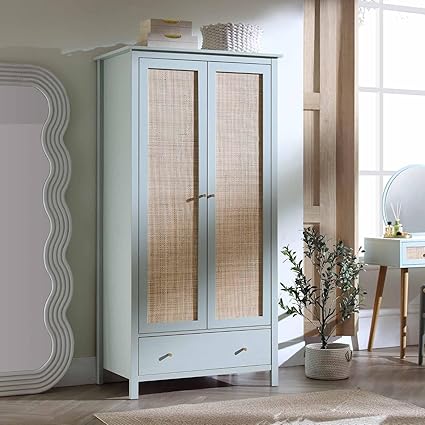 Pooja Art Enterprises Solid Rattan Wooden Wardrobe with with 1 Drawer for Living Room, Bedroom, Hotel & Home, Green Finish, (W93 x D56 x H185 CM)