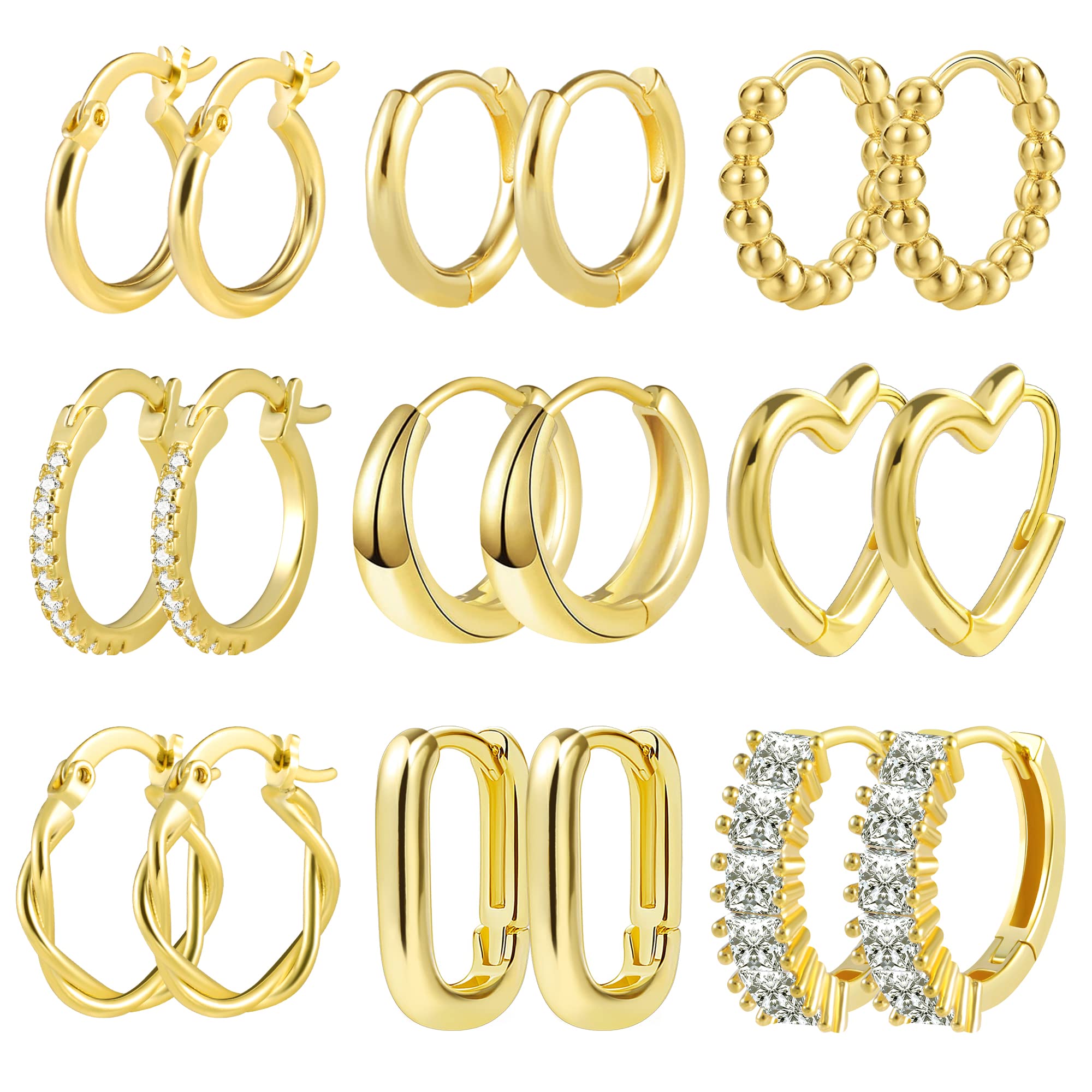ALEXCRAFT Piccoli Orecchini a Cerchio, Orecchini Per Polsini Auricolari Da Donna, Orecchini a Cerchio Intrecciati Da Donna, Orecchini a Cerchio Spessi Vintage Ipoallergenici In Oro e Argento (9 Paia)