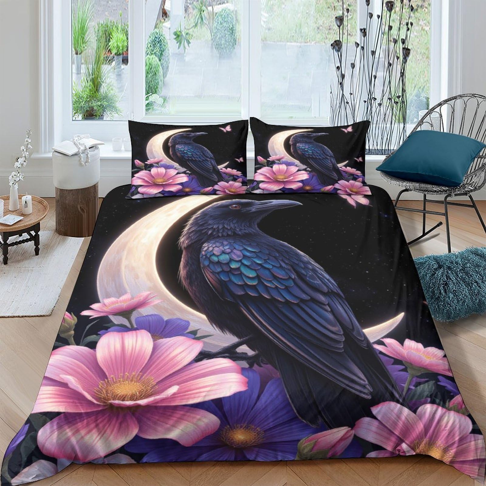 Ctjqhvkz Style-8 3D Printed Moon Raven Fitted Sheet Microfiber Soft Floral Bed Cover For Bedroom Guest Room Mattress Protection Single（135X200cm）