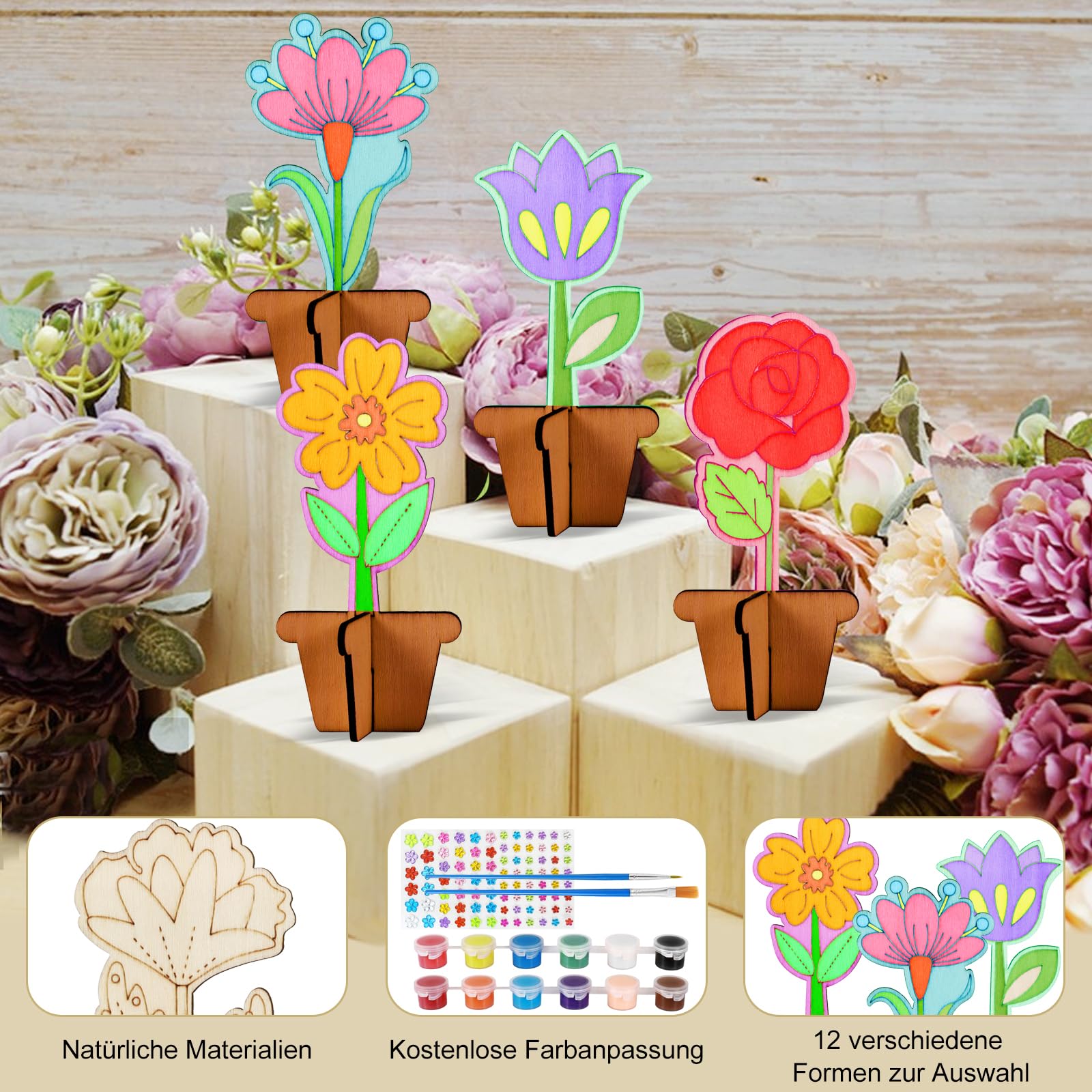 Annickee Kit De 12 Fleurs En Bois à Peindre – Bricolage 3D Avec Pinceaux, Peintures, Strass – Idéal Enfant Et Cadeau Fête Des Mères