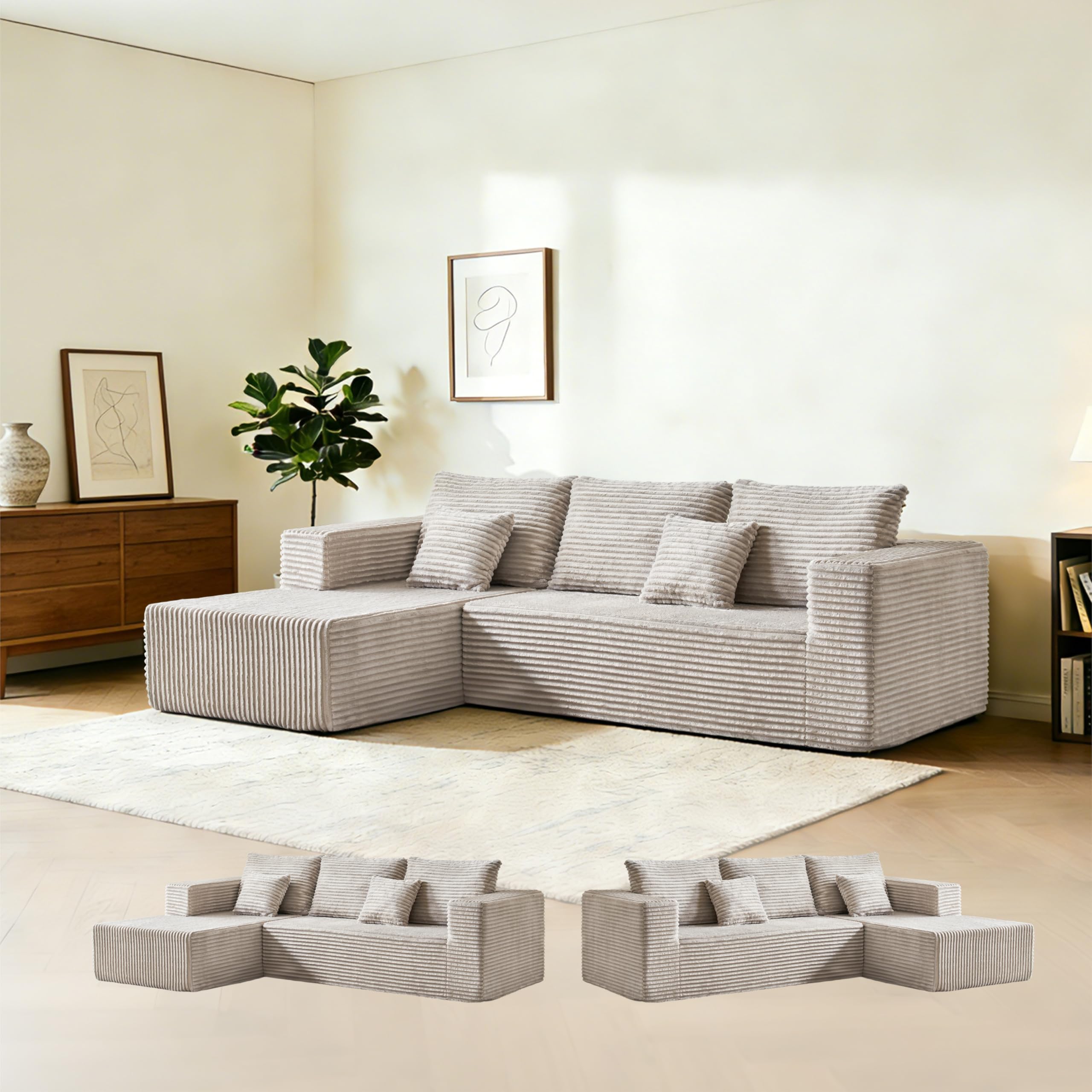 - 106" Corduroy Boneless Modular Sectional Sofa, Cloud-Louch Deep Seat Sofa with Left Chaise for Living Room & Bedroom（L-Shaped Left Facing Chaise）