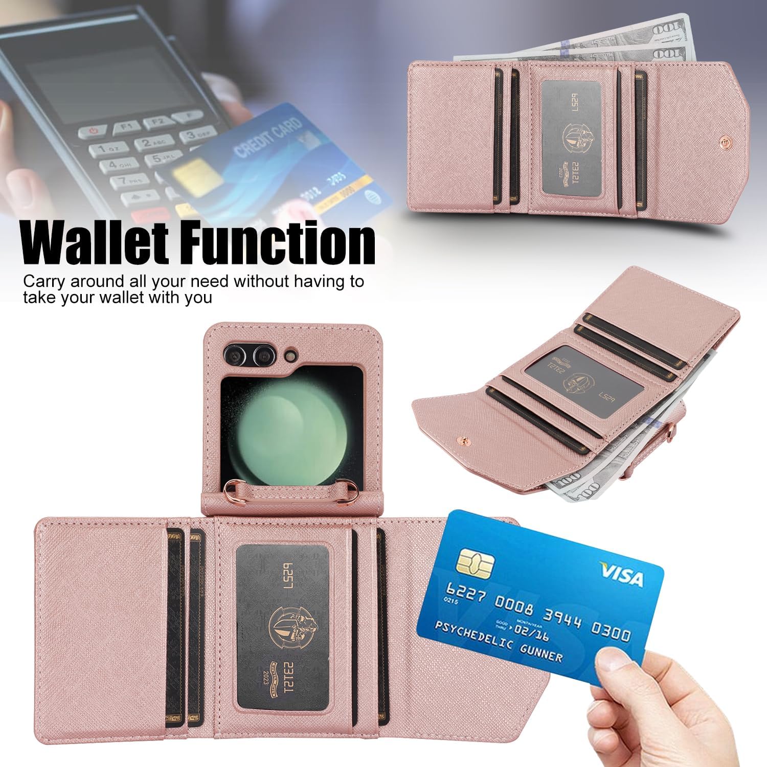 for Samsung Galaxy Z Flip 5 Wallet Case with Built-in Leather Cash Slot and Credit Card Holder. Wristlet Strap and Hinge Protection, Carrying Handbag Phone Case for Women Ladies.(Rose Gold)