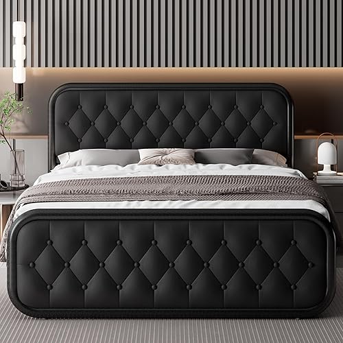 Feonase Full Size Bed Frame, Heavy Duty Bed Frame with Faux Leather Headboard, Upholstered Platform Bed with Strong Metal Slats, 12" Under-Bed Storage, Noise-Free, Easy Assembly, Black - Black - Full