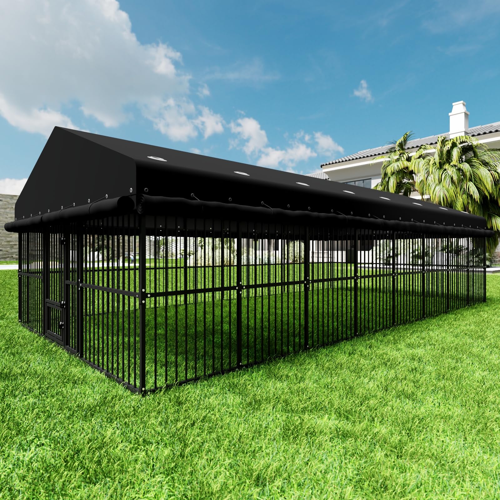 Outdoor Dog Kennel 10x20x6.5 FT with Swivel Door and Oxford Cloth Cover