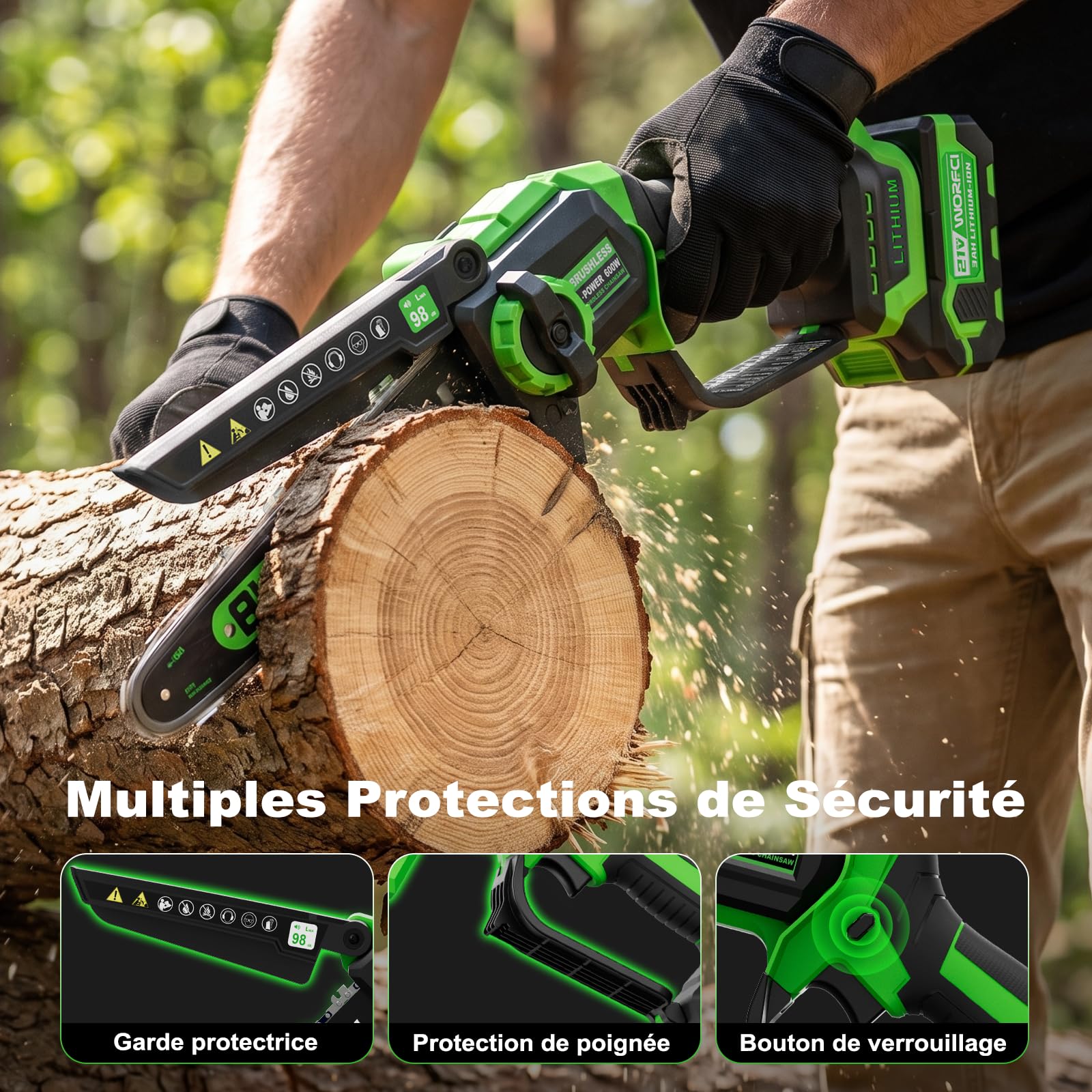 8 Pouces Mini Tronçonneuse Sans Balai Sans Fil, 2×3000mAh Batteries, Lubrification Automatique, Outil Jardinage Idéal pour Élagage Bois et Arbres