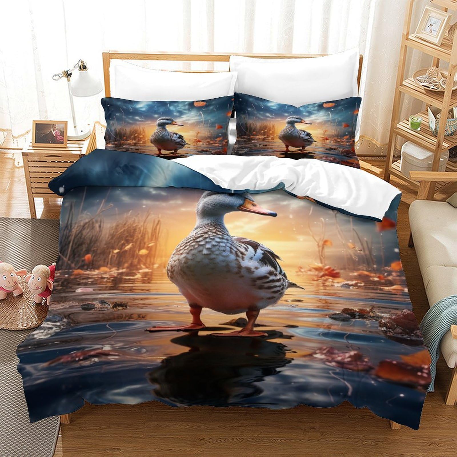 P1S9U7W5Y Scenic Lake 3D Printed Duck Duvet Cover Set 3 Pieces Microfiber Bedroom Decor Duck Pattern Bedding Set for Adults Gift Double（200x200cm）