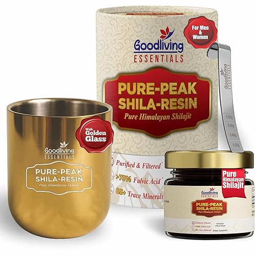Goodliving Essentials GE's Pure-Peak - Resina Shilajit pura del Himalaya gruesa con vaso y cuchara Shilajit