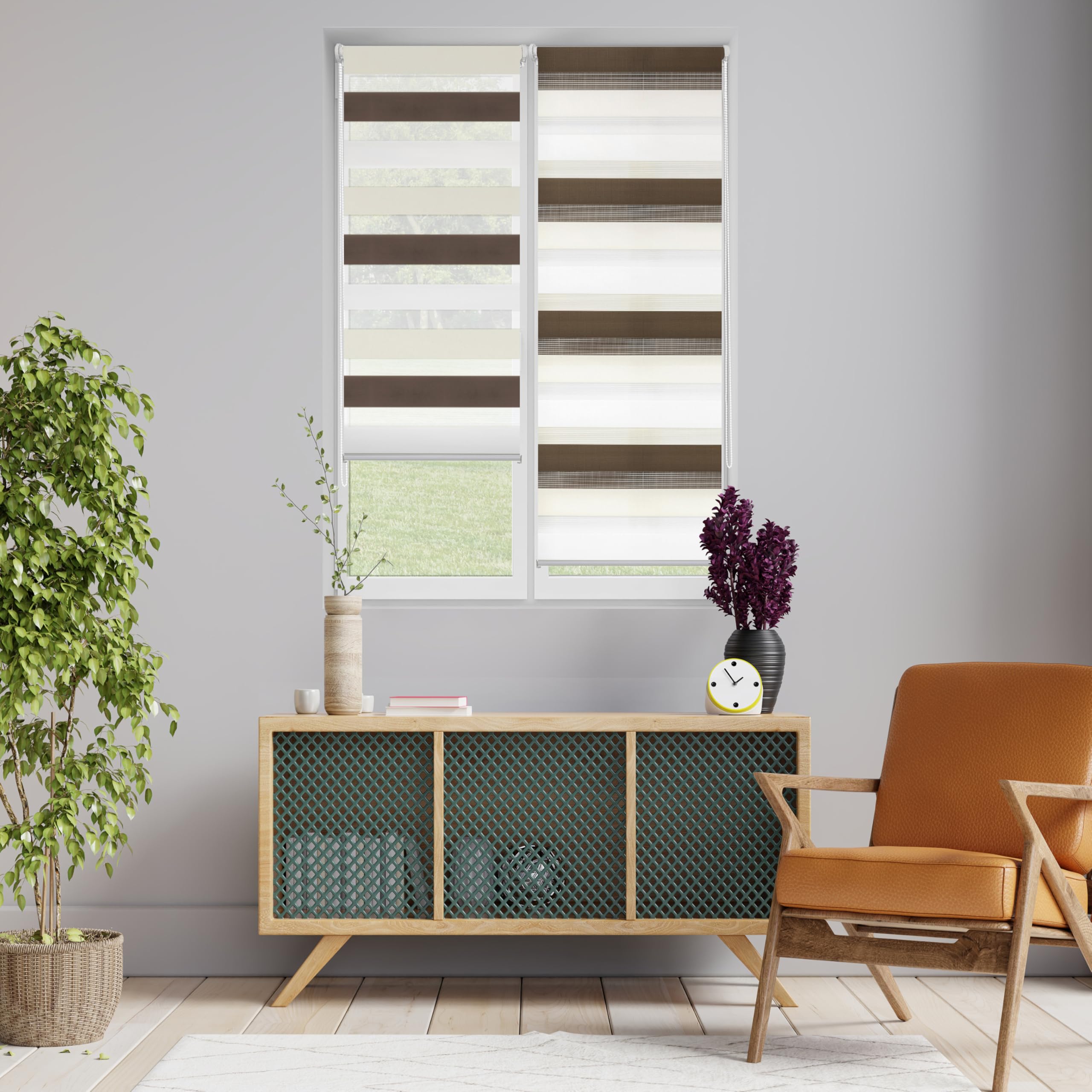 Blindecor Indus dreifarbiges Rollo ohne Bohren | Doppellagiges | dreifarbige Nacht und Tag, Braun, Creme, Weiß | 92 x 180 cm (Breite x Länge), Braun - Cremefarben