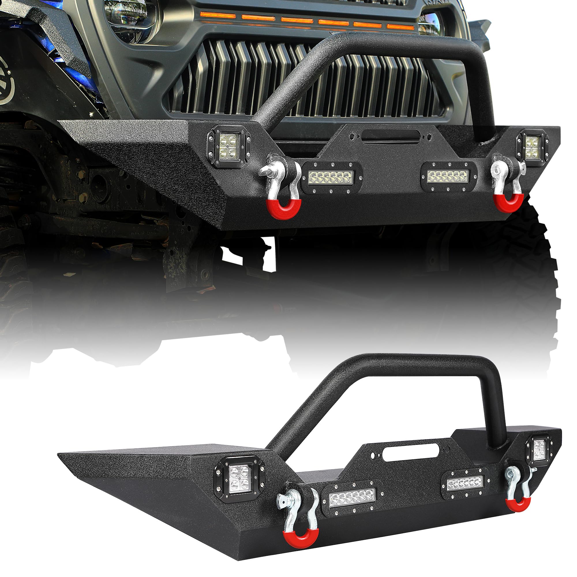 YITAMOTOR Front Bumper Compatible with 2018-2024 Jeep Wrangler JL/ 2020-2023 Jeep Gladiator, Rock Crawler Bumper w/ 4 x LED Lights & 2 x D-Rings
