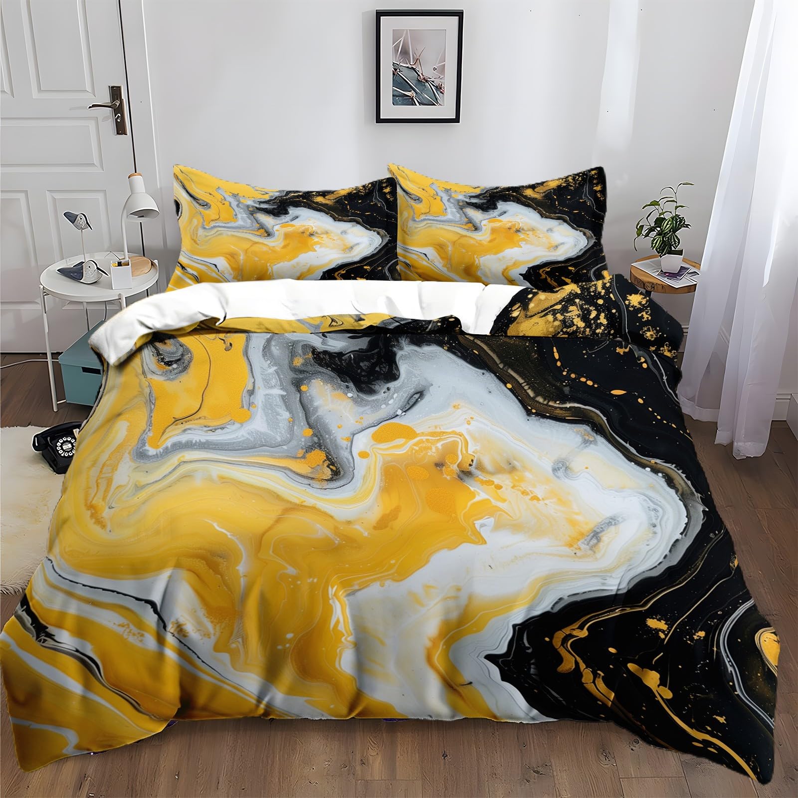 Housse de couette 220x240 marbre liquide jaune et noir avec taies d'oreiller