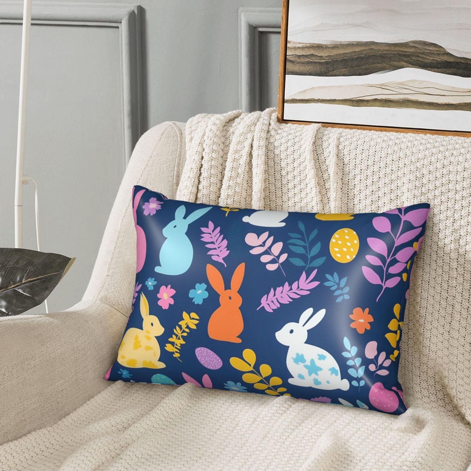 Easter Bunny Rabbits Satin Pillowcase Botanical Leaves Silk Pillow Cases for Hair and Skin Slipping Body Pillow Cover with Zipper Queen Size 20x30 Pillowcase Decorative for Kids Bedroom