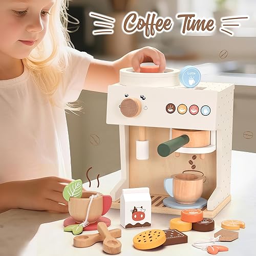 Miniatura 6 de PairPear Cafetera espresso de madera, juguete de 18 piezas, juego de rol de barista con cápsulas, tazas y galletas, accesorio de cocina Montessori