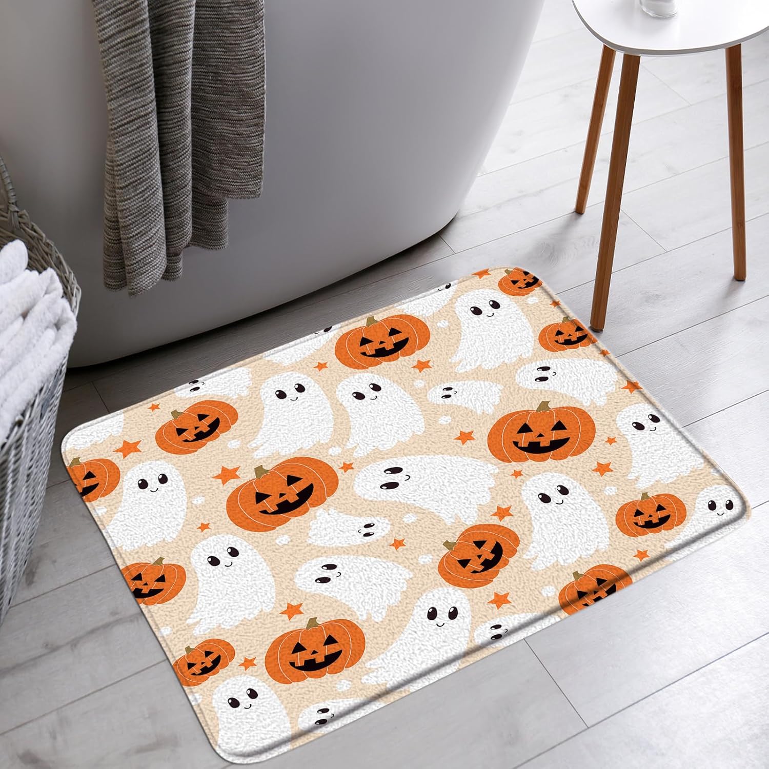 Cute Ghost Bath Mat Halloween Spooky Pumpkin Funny Cartoon Bathtub Bath Area Rugs Bathroom Decor(24x70 Inch)