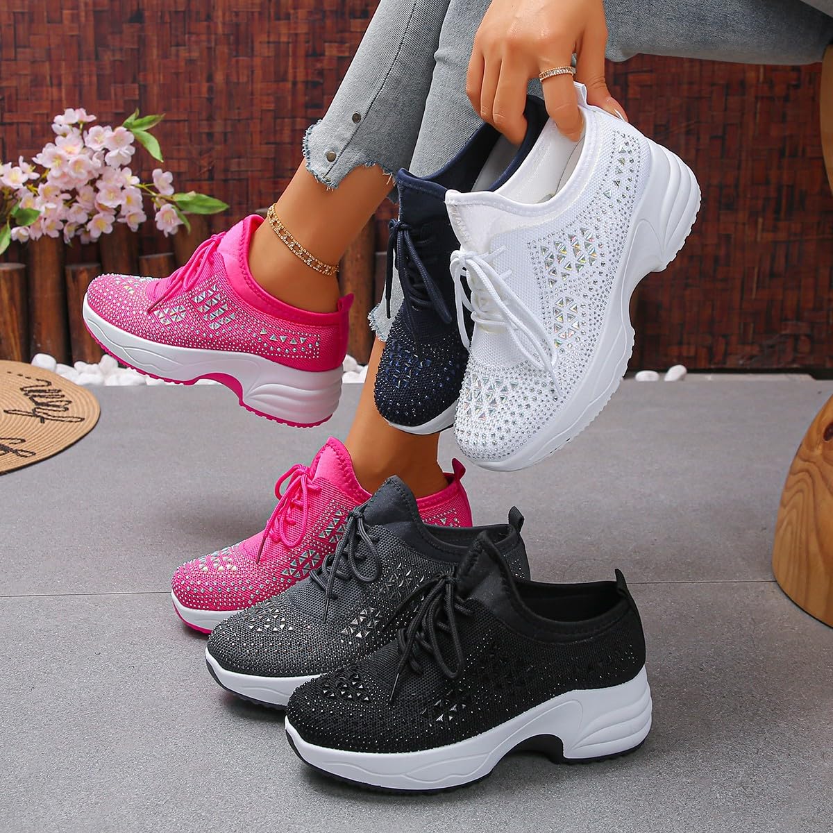 Scarpe da ginnastica da donna con zeppa con strass glitterate, alla moda, traspiranti, per sposa, ortopediche, luccicanti, da matrimonio, eleganti scarpe da tennis lavorate a maglia