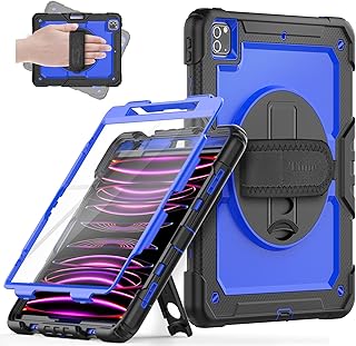 Timecity iPad Pro 12.9 Case 2022/2021/2020, iPad Pro12.9 6th/5th/4th Gen Shockproof Protective Case with Screen Protector, Rotating Stand,Hand/Shoulder Strap,Support Pencil 2 Charging, Dark Blue