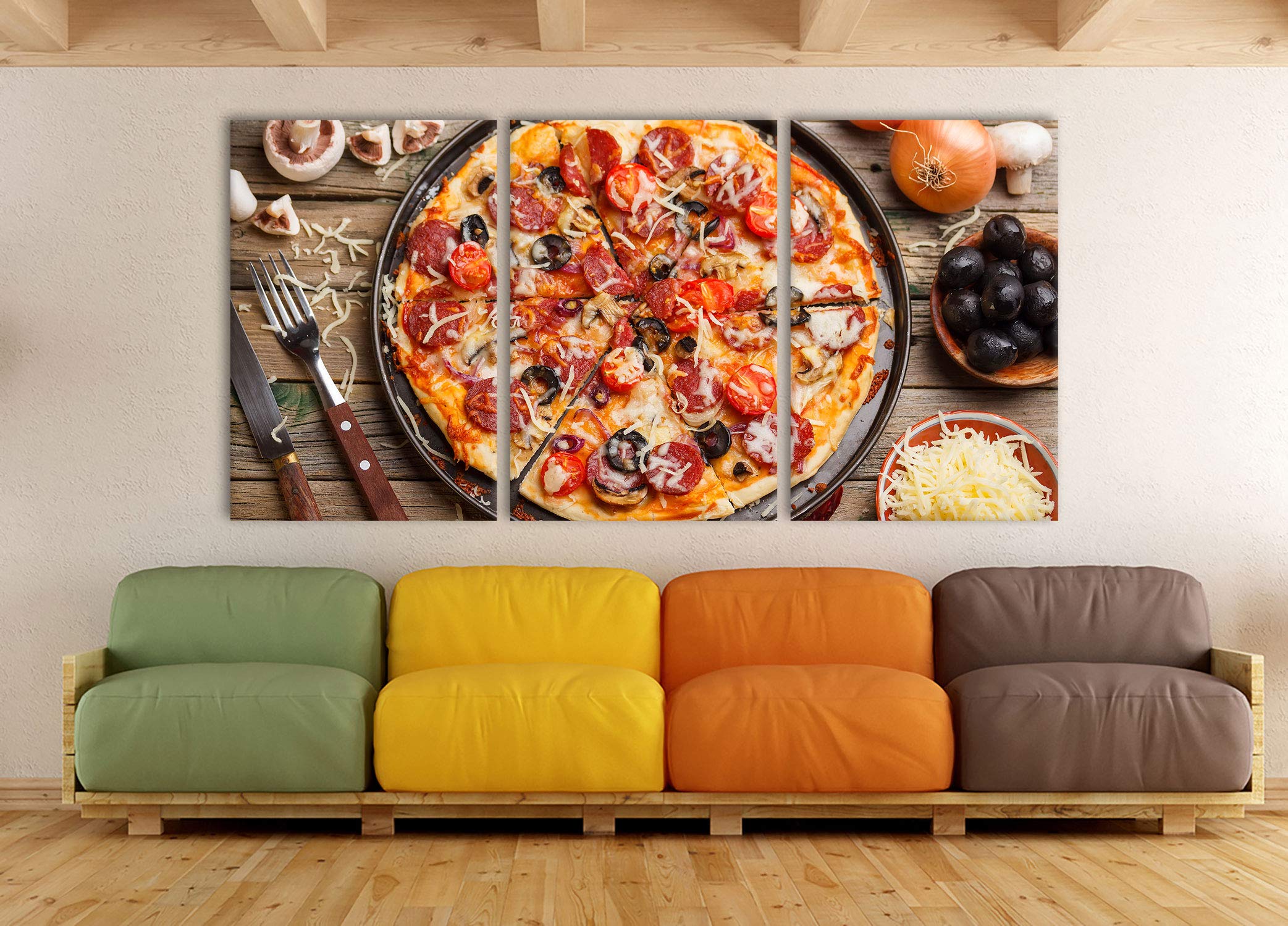 Pixxprint Leckere Pizza auf Holztisch als XXL Leinwandbild in Übergröße 240x120cm Gesamtmaß 3 teilig, Wandbild, Kunstdruck