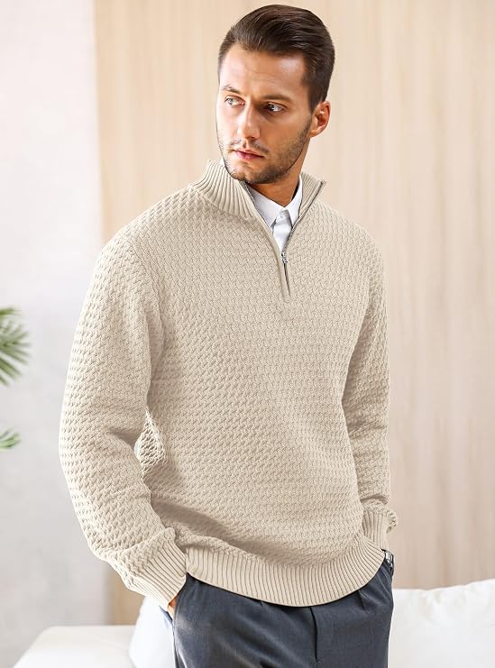 HYPESTFIT Mens Quarter Zip Sweater Mock Neck Knitted Pullover Long Sleeve Jumper Casual Top