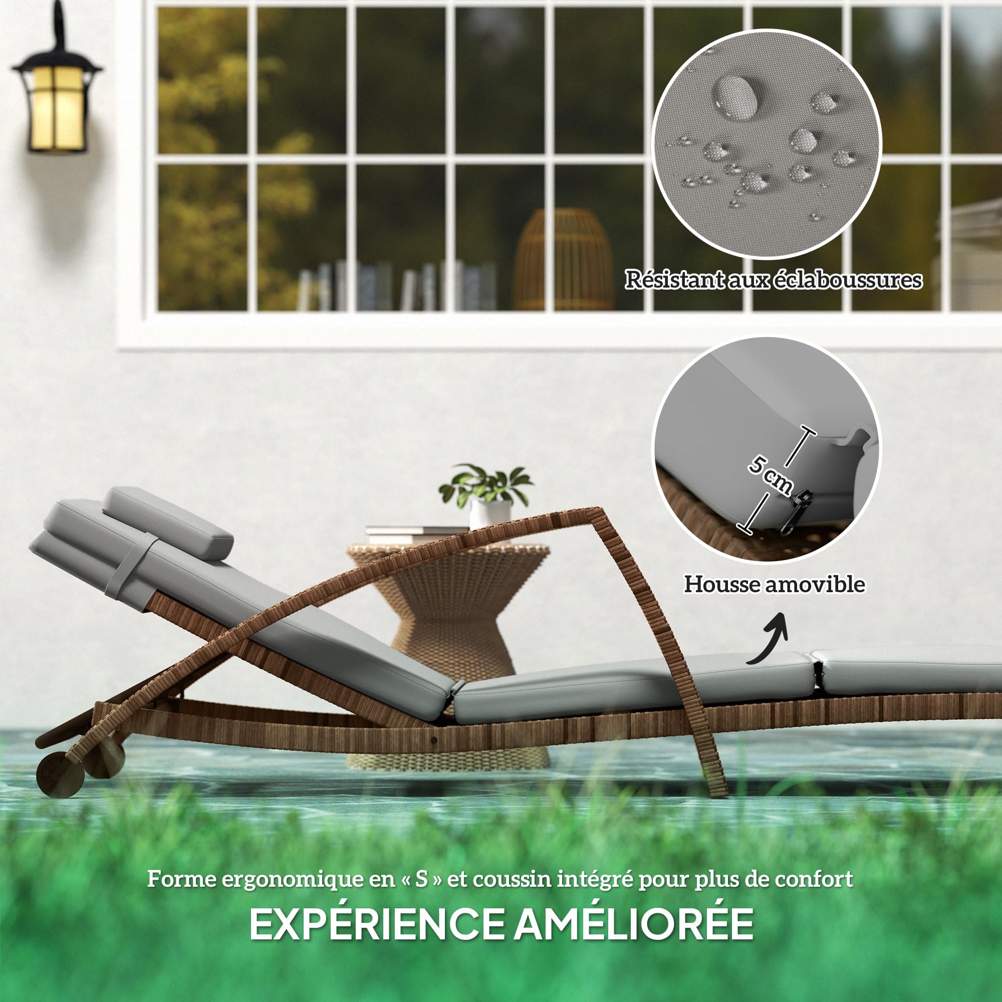 Outsunny Bain de Soleil Dossier Réglable avec roulettes Marron et Beige
