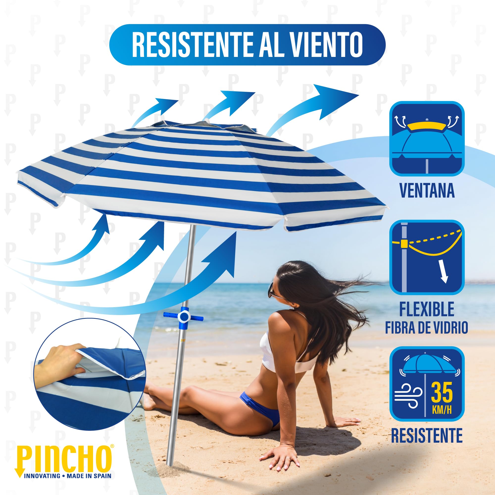 Pincho Large Beach Umbrella 200 cm Wind-proof up to 35 km/h, Aluminium, 8 Fibreglass Ribs, Weight 1.6 kg