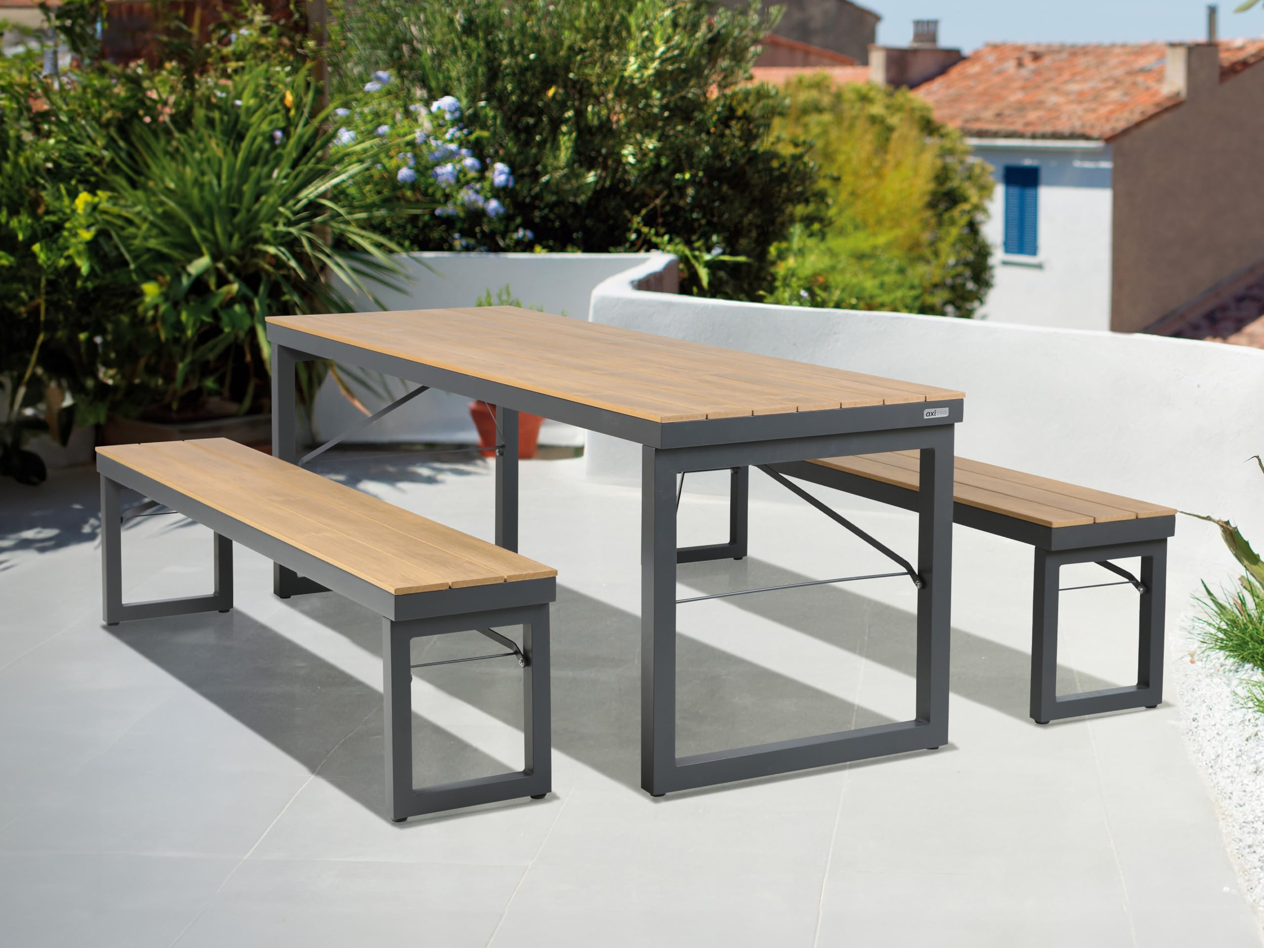 AXI Chianti Salon De Jardin avec Table Et 2 Bancs en Anthracite/Marron pour 6-8 Personnes | Bois avec Banc Aluminium/Polywood