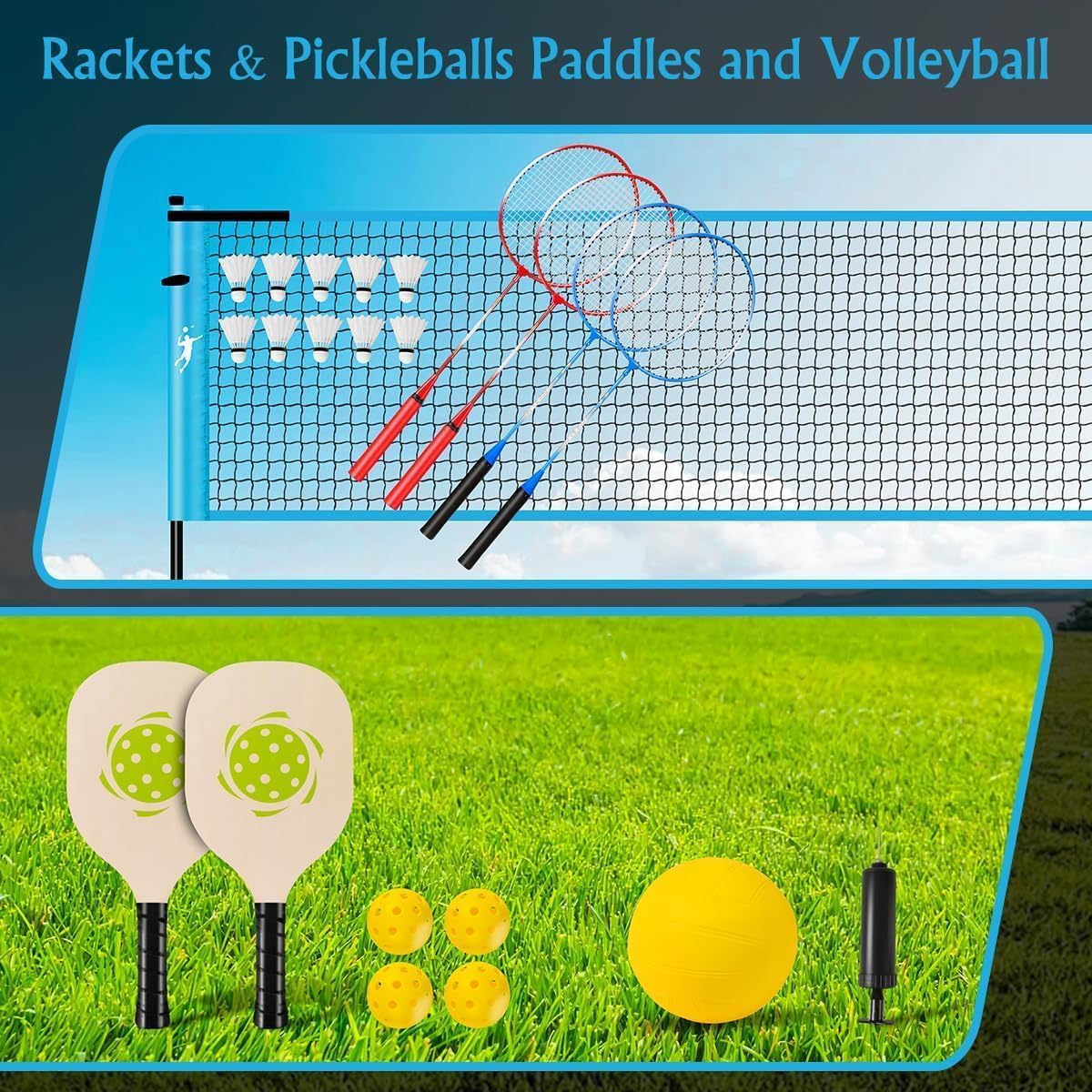 Siatka do badmintona, siatka do siatkówki ogrodowej, zestaw do pickleball z regulacją wysokości, przenośny zestaw do tenisa, piłki nożnej z kijami do siatkówki i rakietami do badmintona, do gry