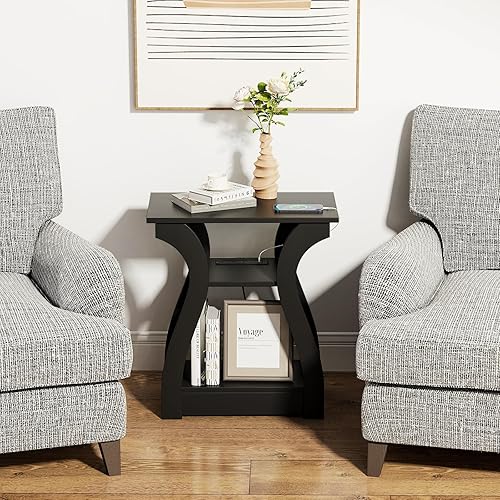 Mesa auxiliar con estación de carga, mesa auxiliar con puertos USB y tomas, mesa de sofá de 3 niveles para espacios pequeños, mesa auxiliar con