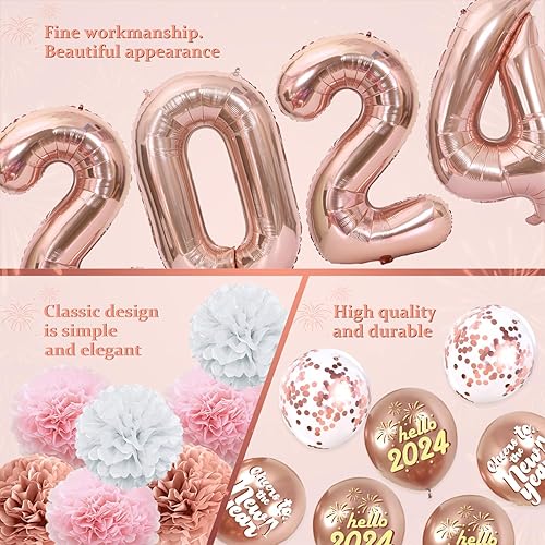 Miniatura 5 de Decoraciones de Año Nuevo 2024, globos de Año Nuevo de oro rosa 2024, globos de confeti de oro rosa, globos de aluminio, pompones de papel y