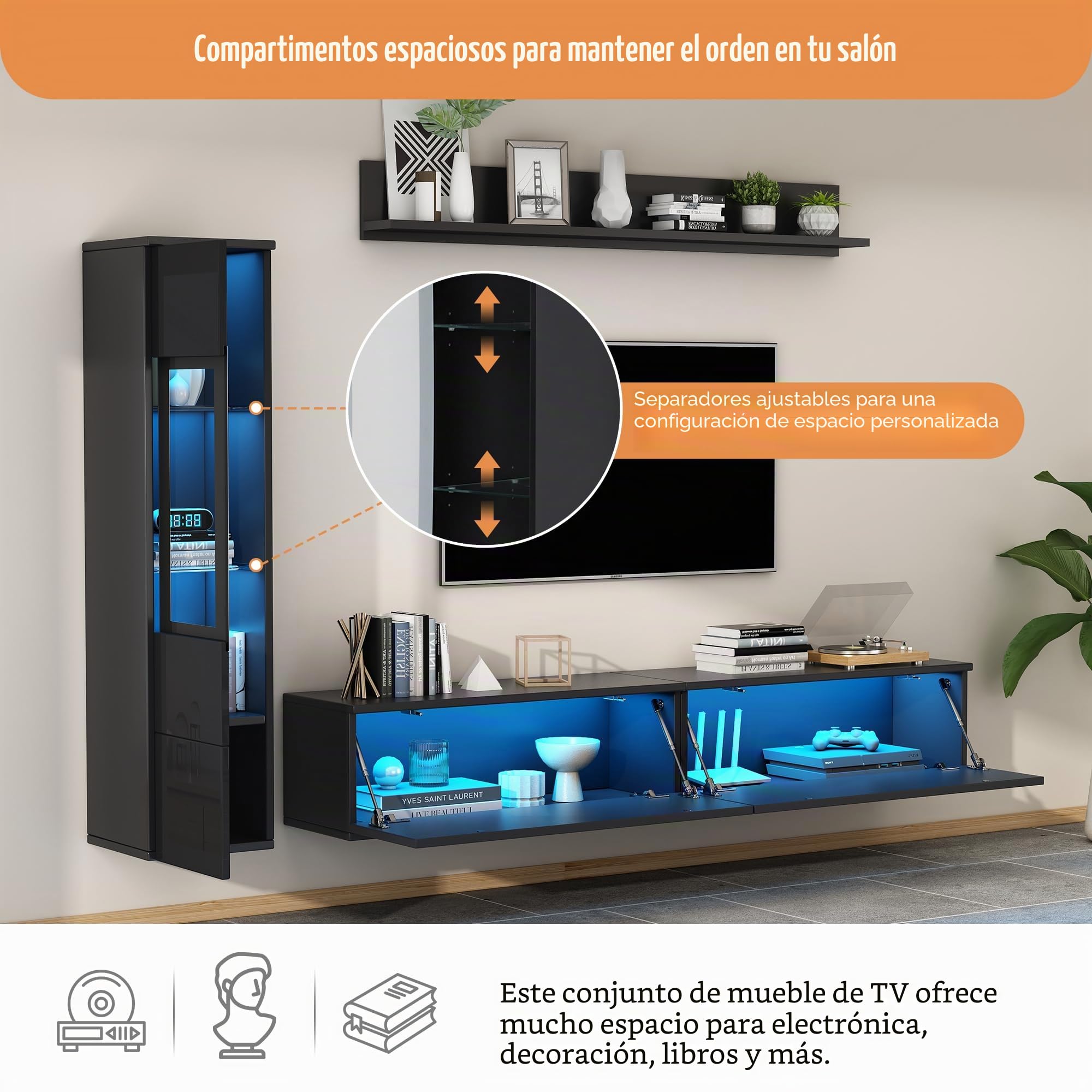 TIZZ Juego de pared para TV (3 piezas, iluminación LED, 1 armario de TV de hasta 80 pulgadas, 1 vitrina para salón, 1 estante colgante), color negro brillante
