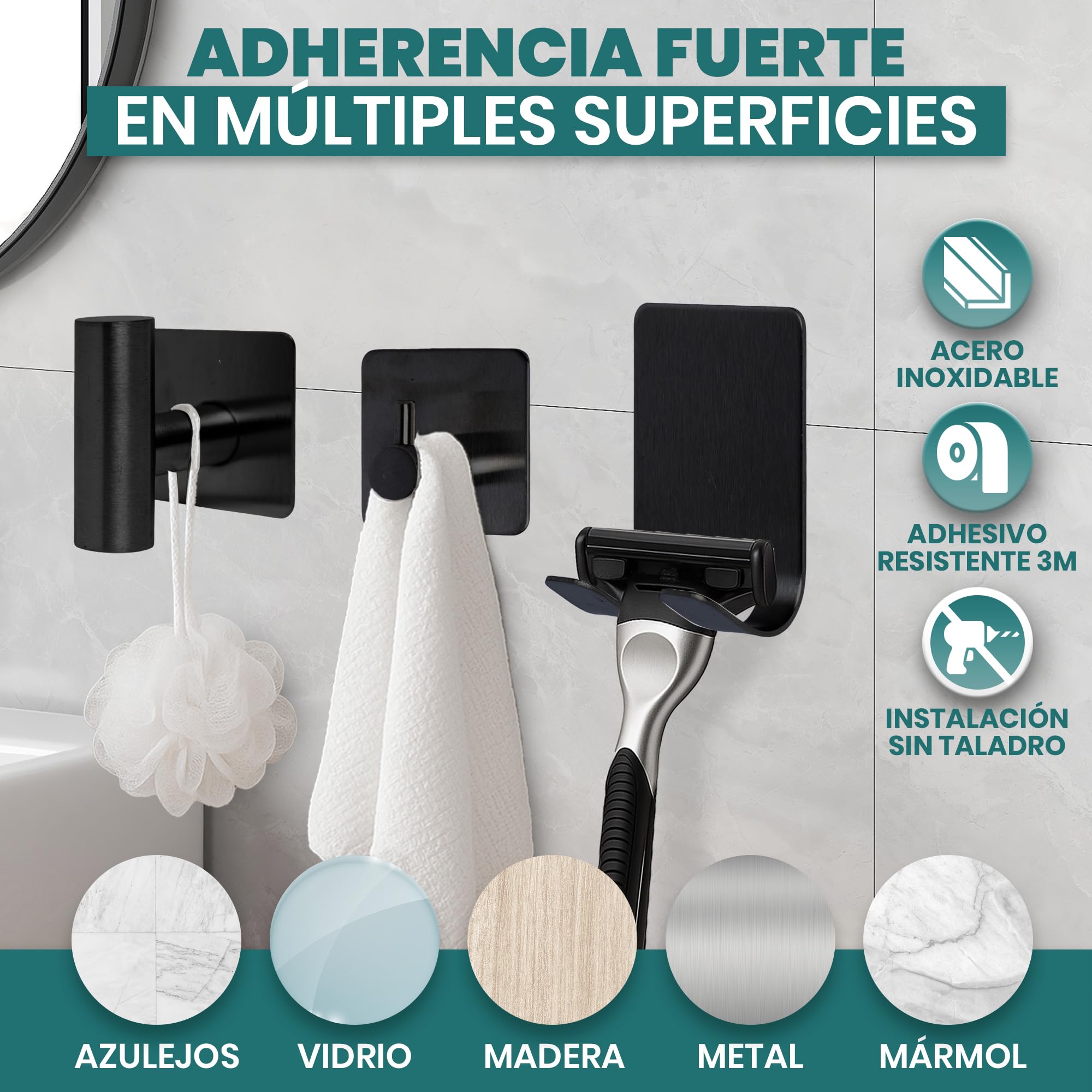 ️Accesorios Baño Sin Taladro Set 9 Piezas Negro, Toallero y Portarrollos con Adhesivo o Tornillos, Ganchos de Pared
