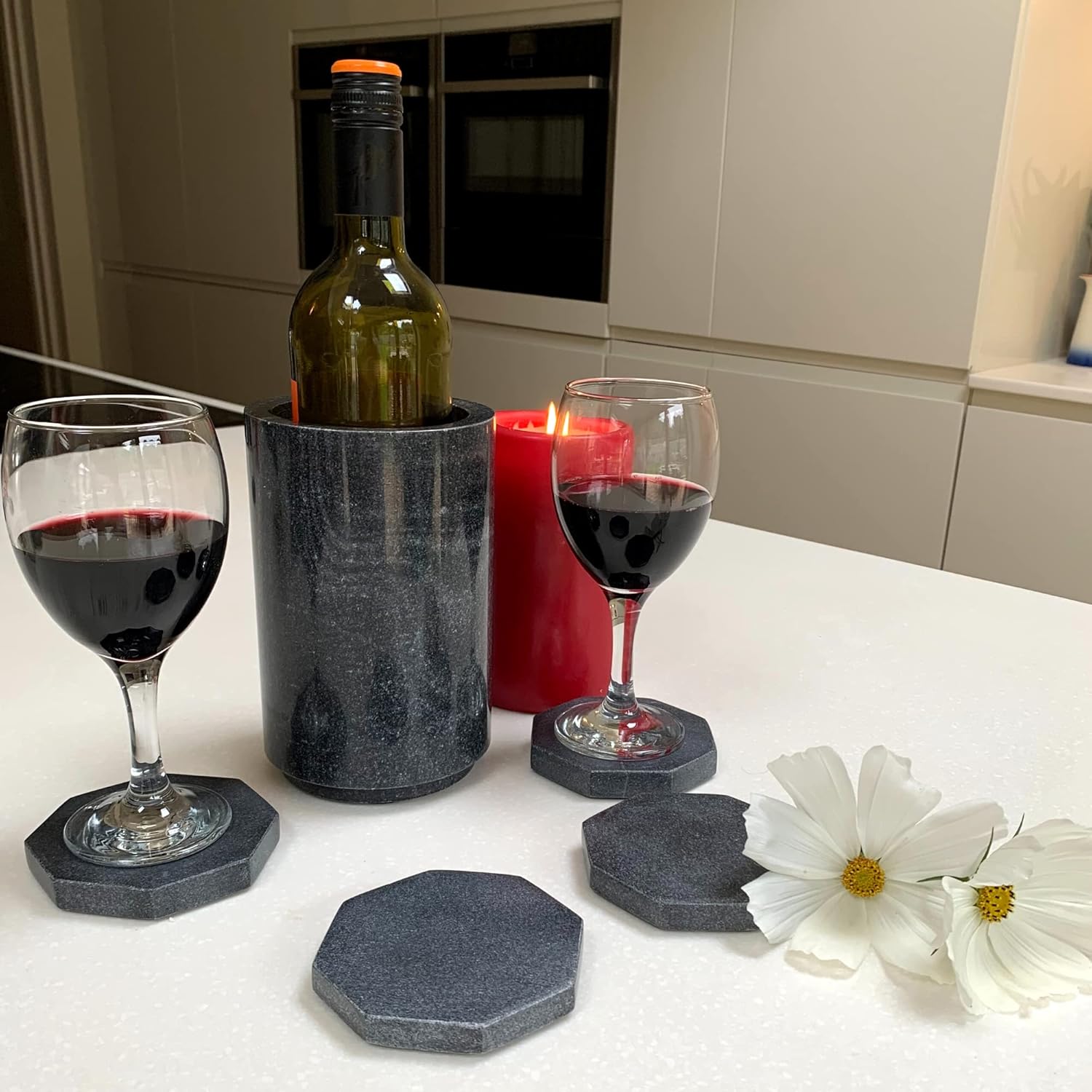 Wine Cooler Large Black Marble Chiller Ice Bucket, Ideal for Parties and Occasions. This Set Includes Four Marble Coasters. This Holder can be Used for Utensils and Champagne Bucket. - Image 2