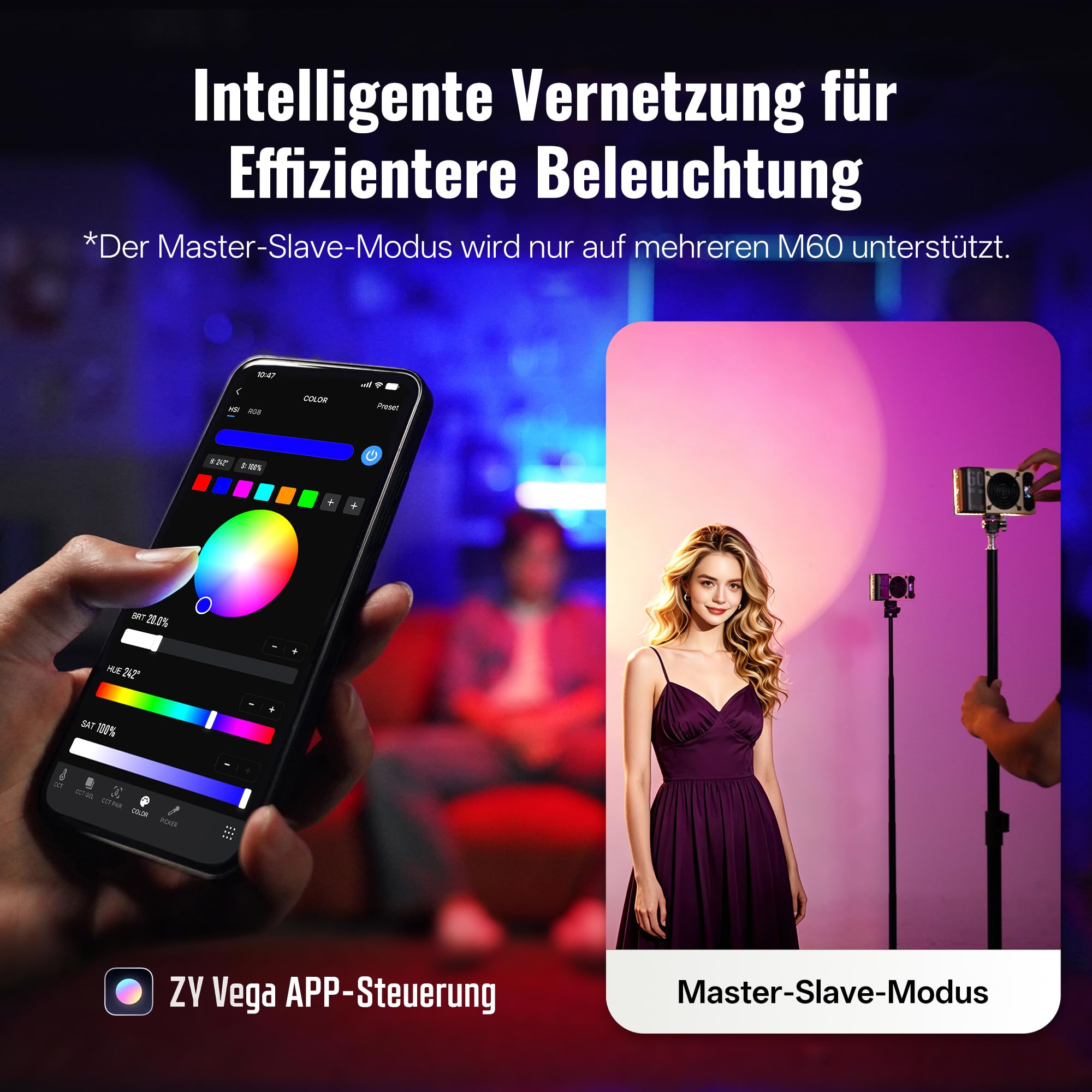 ZHIYUN FIVERAY M60 Ultra [Offiziell]60W RGB Videoleuchte mit Cold Shoe,430g | Magnetische Befestigung, App Steuerung&Herr-Sklave, Kamera Licht für DSLR Kamera/TikTok Live/YouTube/Vlogs, 2500K~10000K