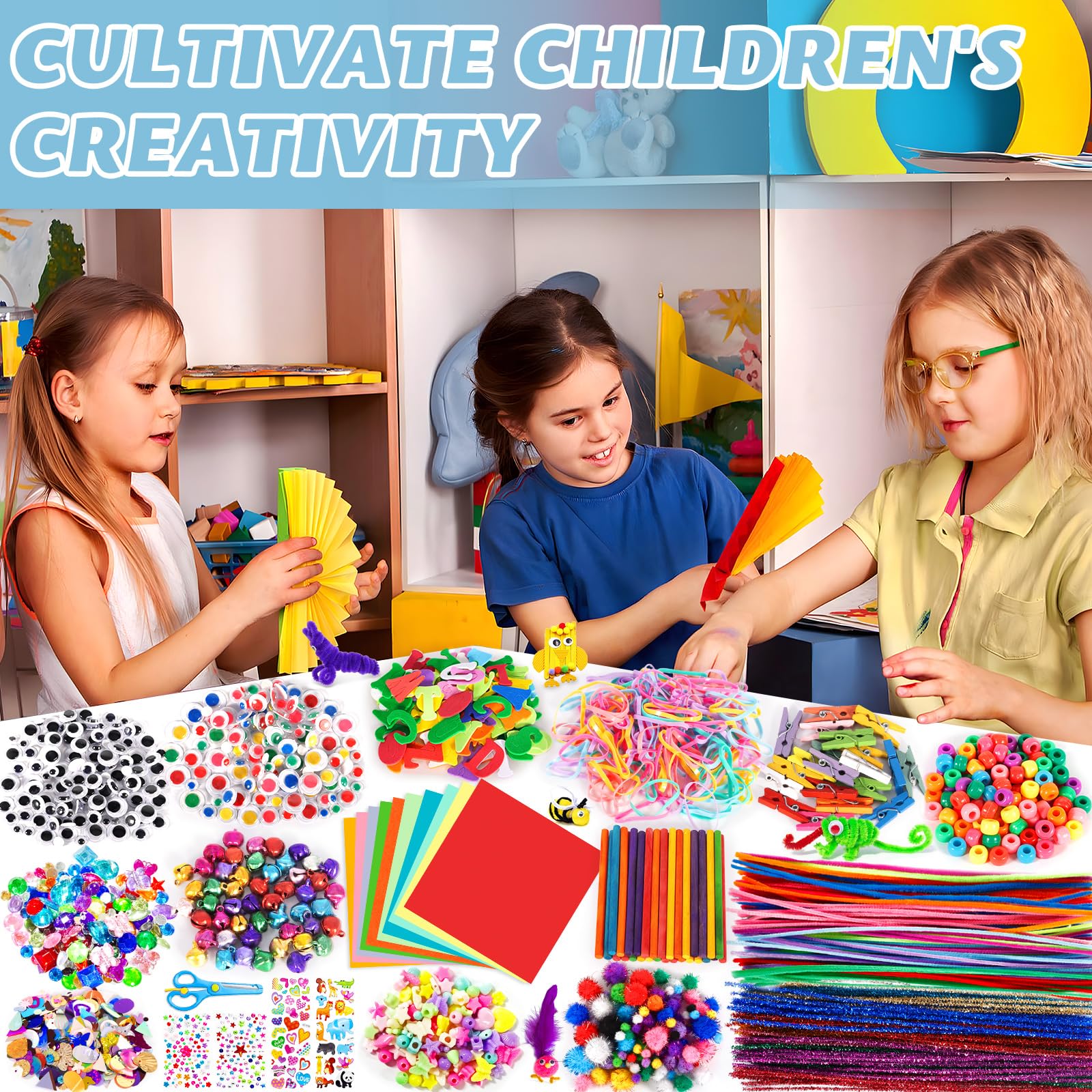 Purpledi Kit Bricolage 3600+ Activites Manuelles pour Enfants, Pipe Cleaners Crafts Set, Fournitures Éducatives, Loisirs Créatifs pour Enfants, Pompons, Yeux Gluants, Plumes，Bleu