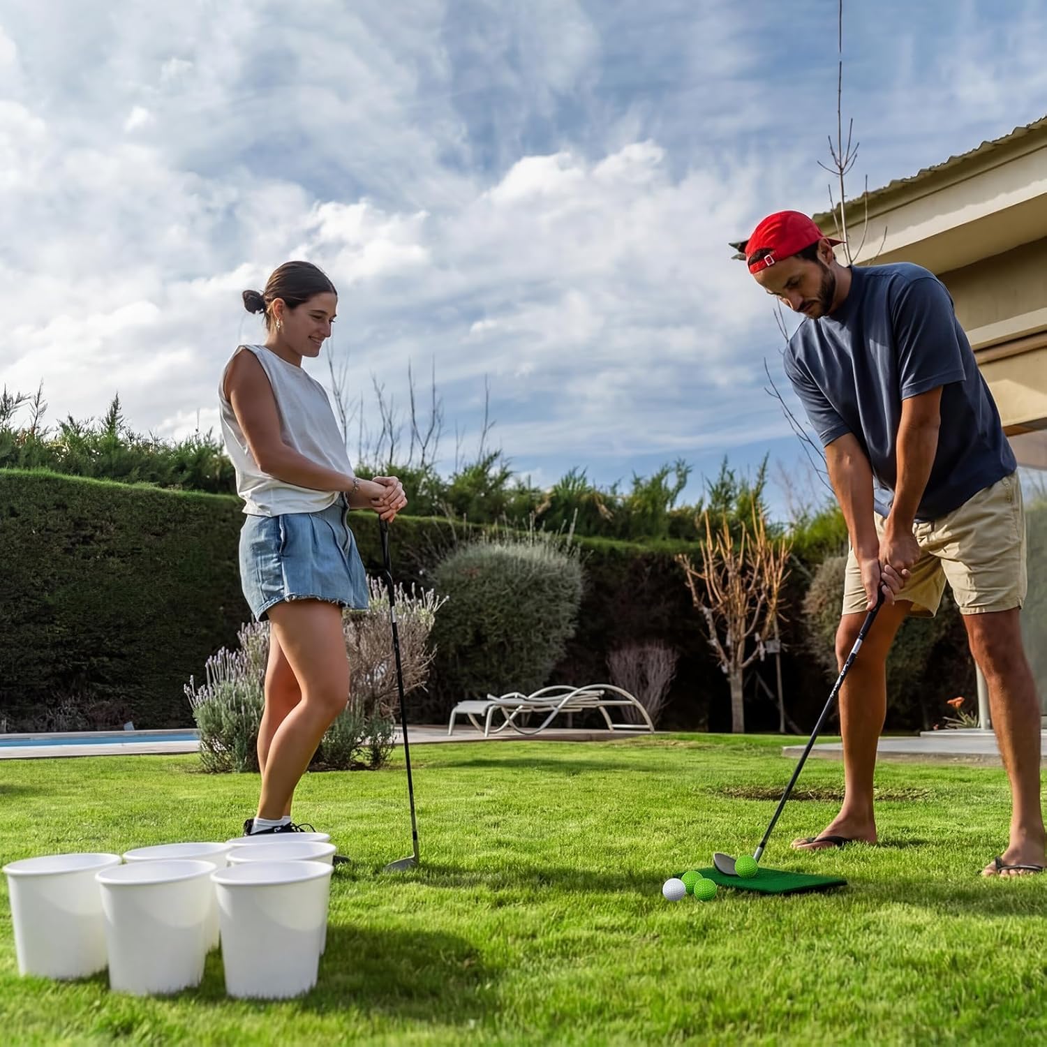Backyard Golf Chipping Game Set Include 6 Golf Balls 6 P-Balls 12 Buckets 2 Hitting Mats 24 Stickers Portable Bucket Game for Indoor Outdoor Lawn Park Beach Tailgating Parties