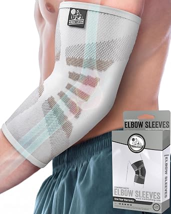 Nordic Lifting Elbow Compression Sleeves 1 Pair - Elbow Brace for Tendonitis, Tennis & Golfers Elbow - Weightlifting Support for Men & Women - Pain Relief & Joint Recovery 2, Frost White, Medium
