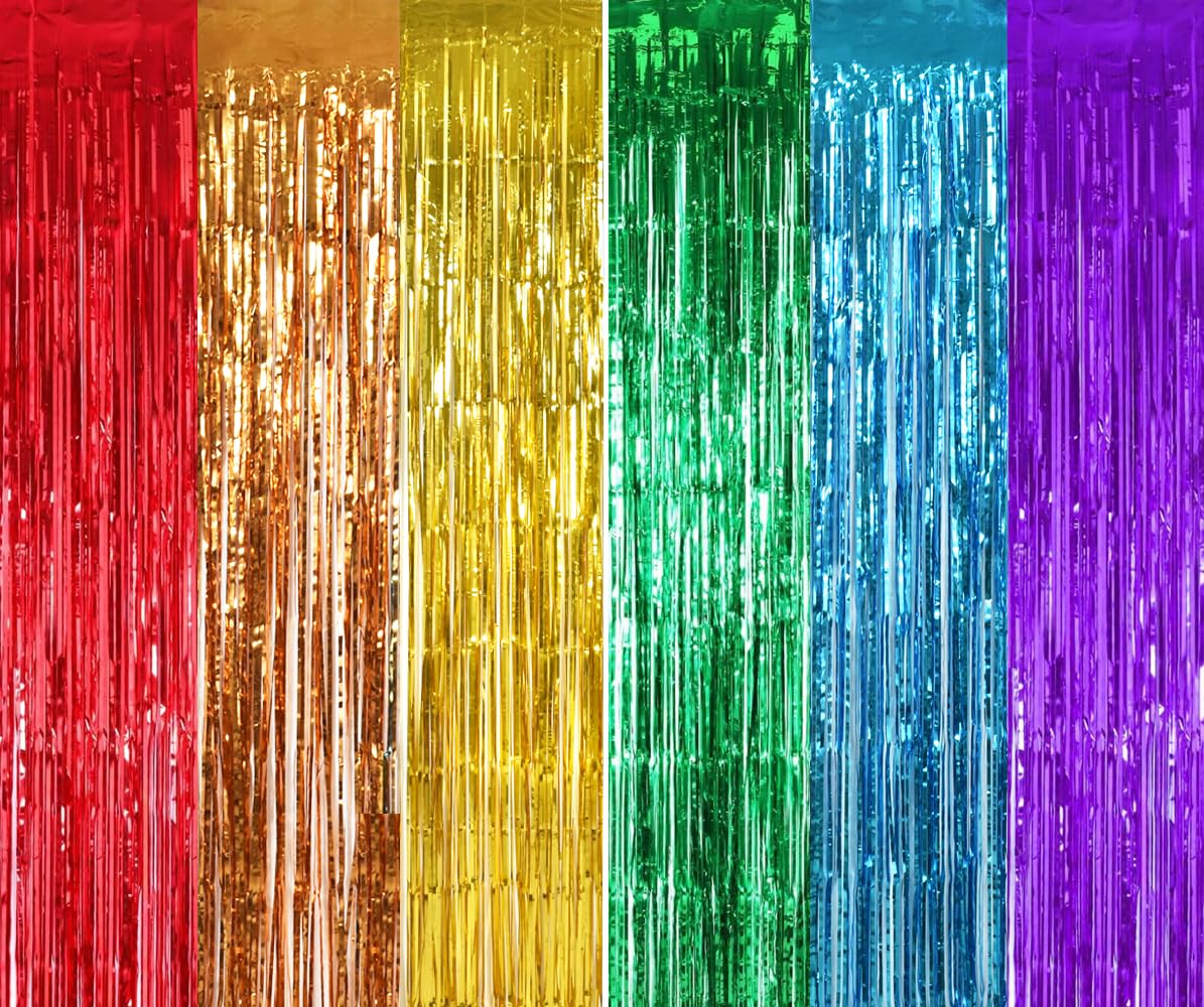 TONIFUL 2Pcs Rainbow Metallic Tinsel Foil Fringe Curtain Streamer Backdrop | 3.3ftx6.6ft Photo Booth Backdrop Door Streamer, Props for Bachelorette Birthday Christmas New Year Rainbow Party Decoration