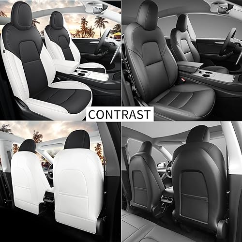 Miniatura 2 de Funda de asiento para Tesla modelo Y, funda de asiento de automóvil Tesla en blanco y negro, 12 piezas, impermeable, de piel de napa personalizada,