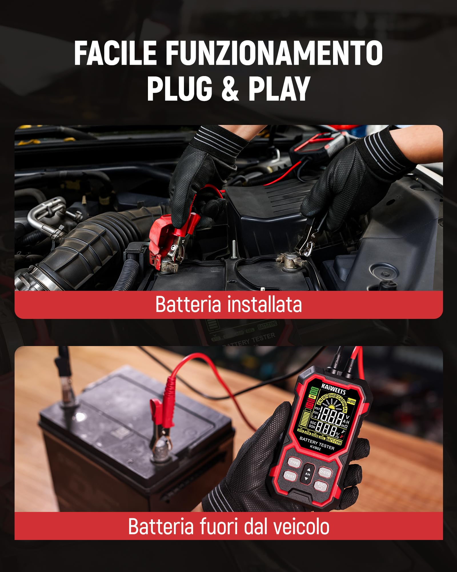 KAIWEETS Tester Batteria Auto 12V/24V Digitale Test Batteria Auto 50–2000 CCA con Analisi SOH/SOC Display LCD Test Avviamento per Veicolo/SUV/Veicolo