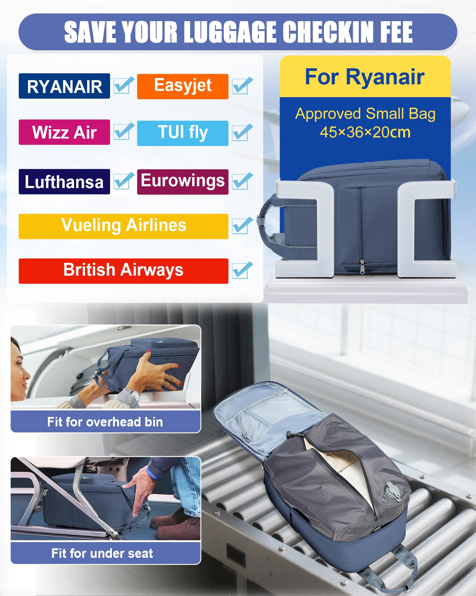BJLFS Zaino da Viaggio con Sottovuoto Ryanair 40x30x20 Wizzair Bagaglio a mano 40x20x25 Ryanair con Pompa Borse da Cabina per Easyjet 45x36x20 con compressione sottovuoto,Zaino Casual per Laptop
