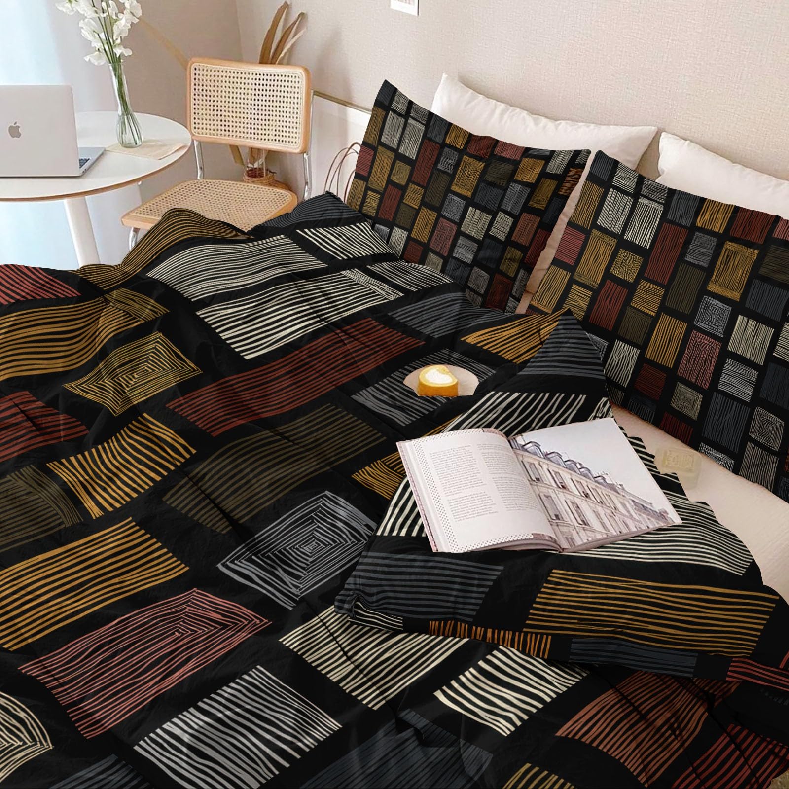 Set copripiumino bohémien, multicolore in microfibra, 200 x 200 cm, reversibile, a righe astratte, con 2 federe, morbido, per bambini e adulti