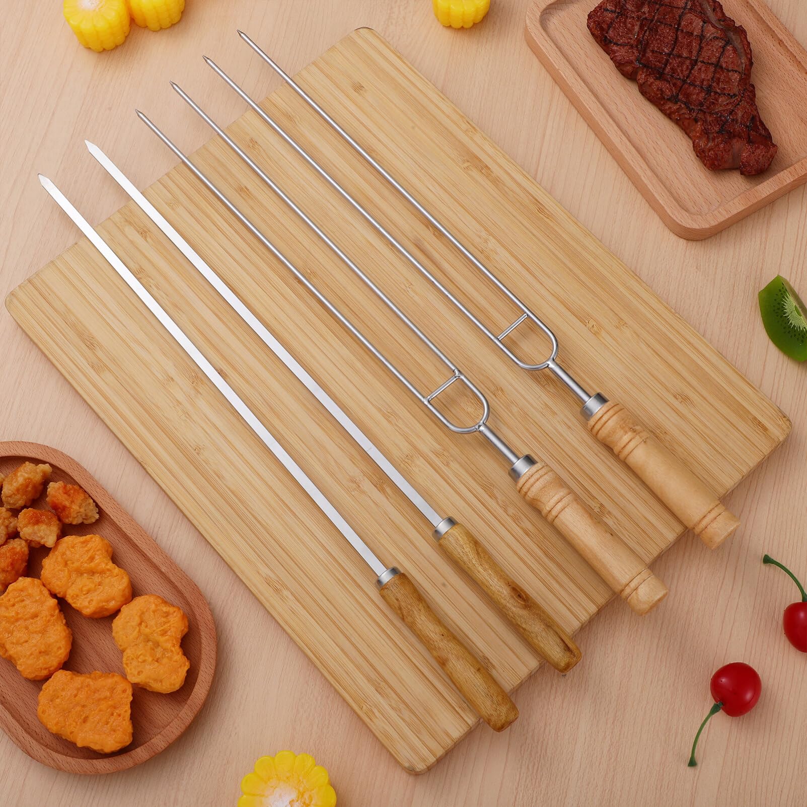 Kichvoe 8 Piezas Tenedor De Barbacoa De Acero Inoxidable Tenedor Doble Tenedor Individual Suministros De Barbacoa Parrilla De Barbacoa Brocheta Plana De Sola Cabeza Mango De Madera